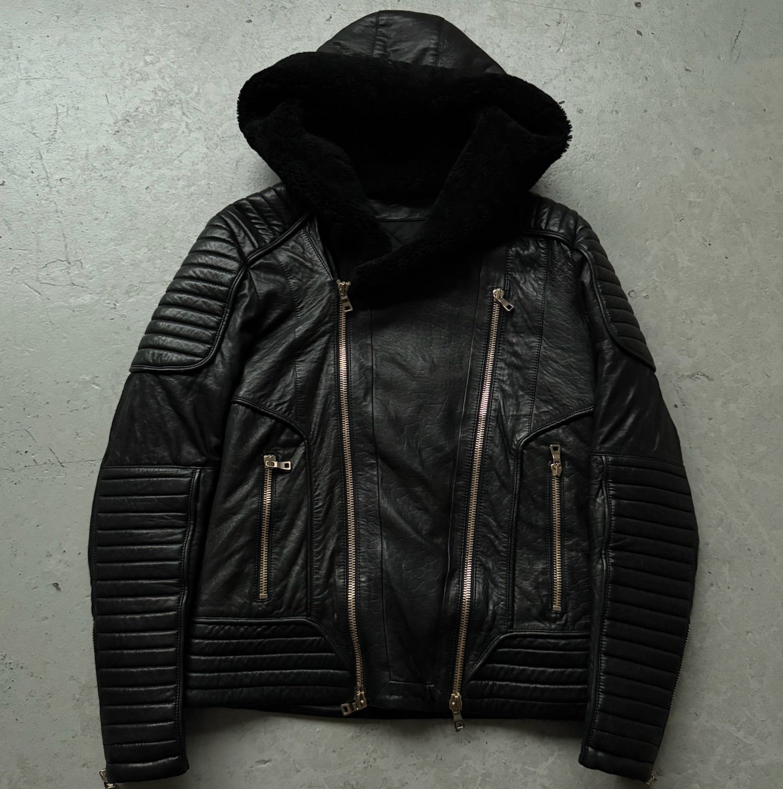 BALMAIN PARIS 羊皮ジャケット Balmain FW17 Lamb Leather Shearling Lined Black Jacket (52