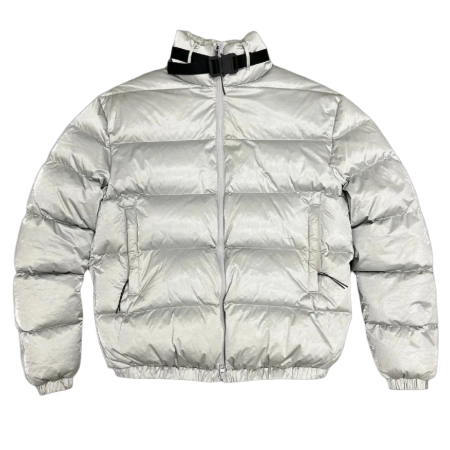 1017 9SM Alyx Silver Puffer Roller Coaster Buckle Coat (M)