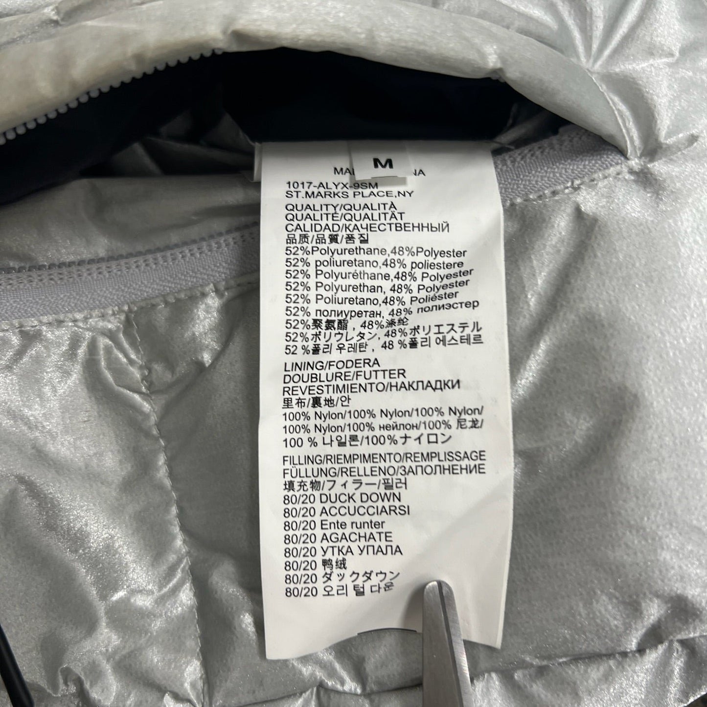 1017 9SM Alyx Silver Puffer Roller Coaster Buckle Coat (M)