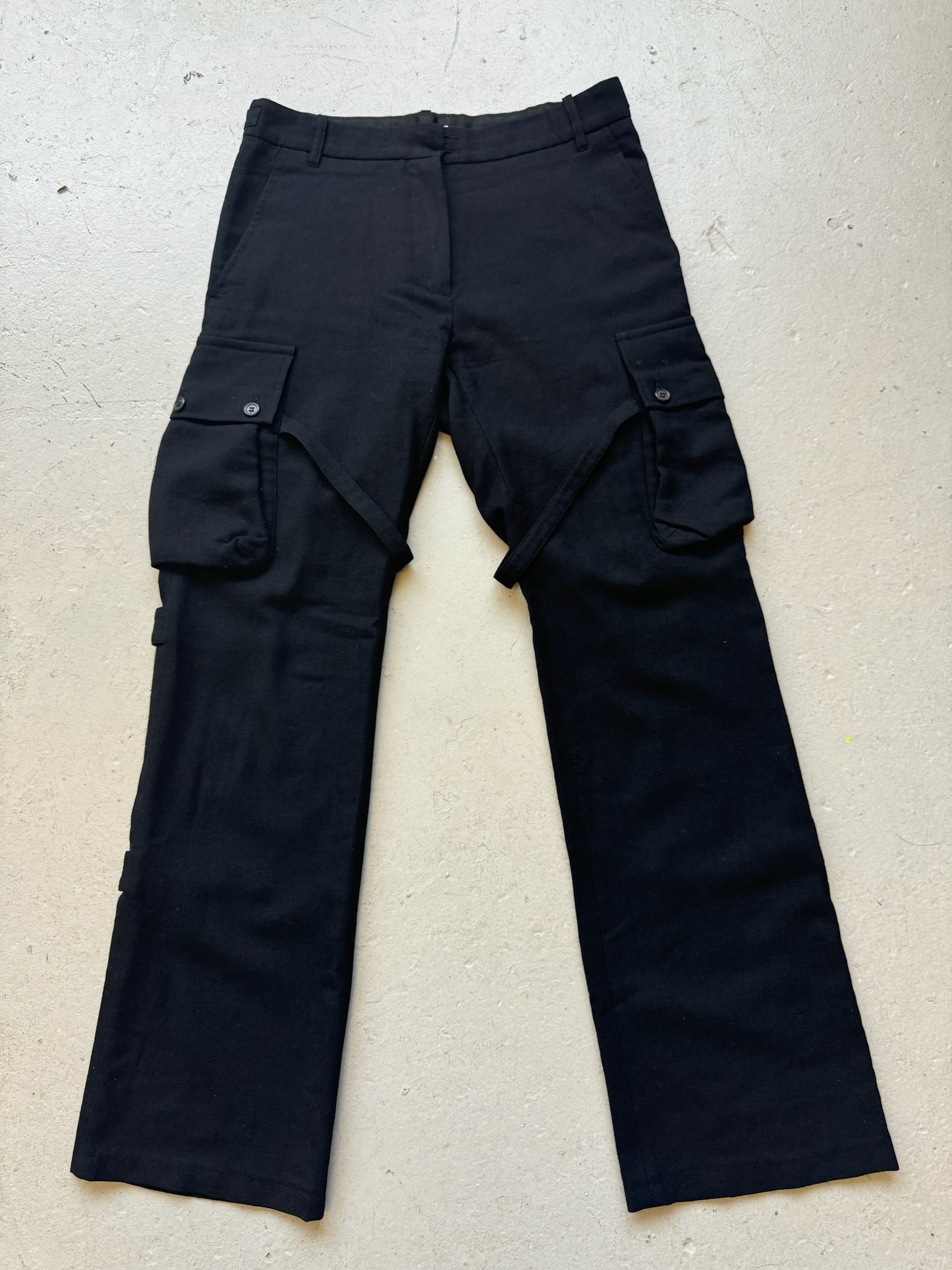 Ann Demeulemeester AW02 Black Wool Bondage Cargo Trousers (38)