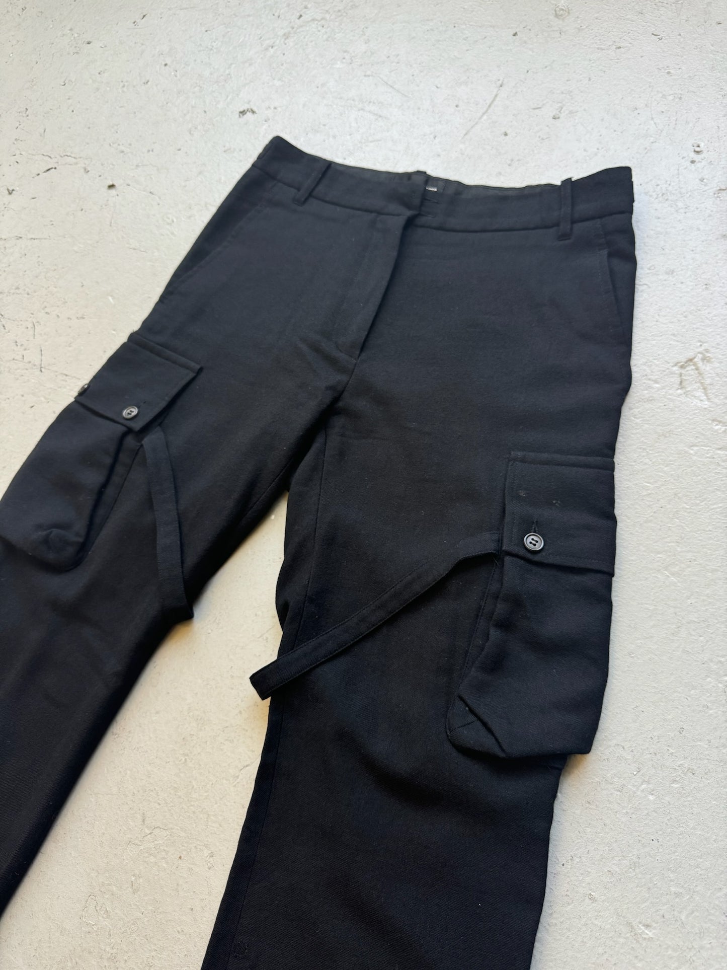 Ann Demeulemeester AW02 Black Wool Bondage Cargo Trousers (38)