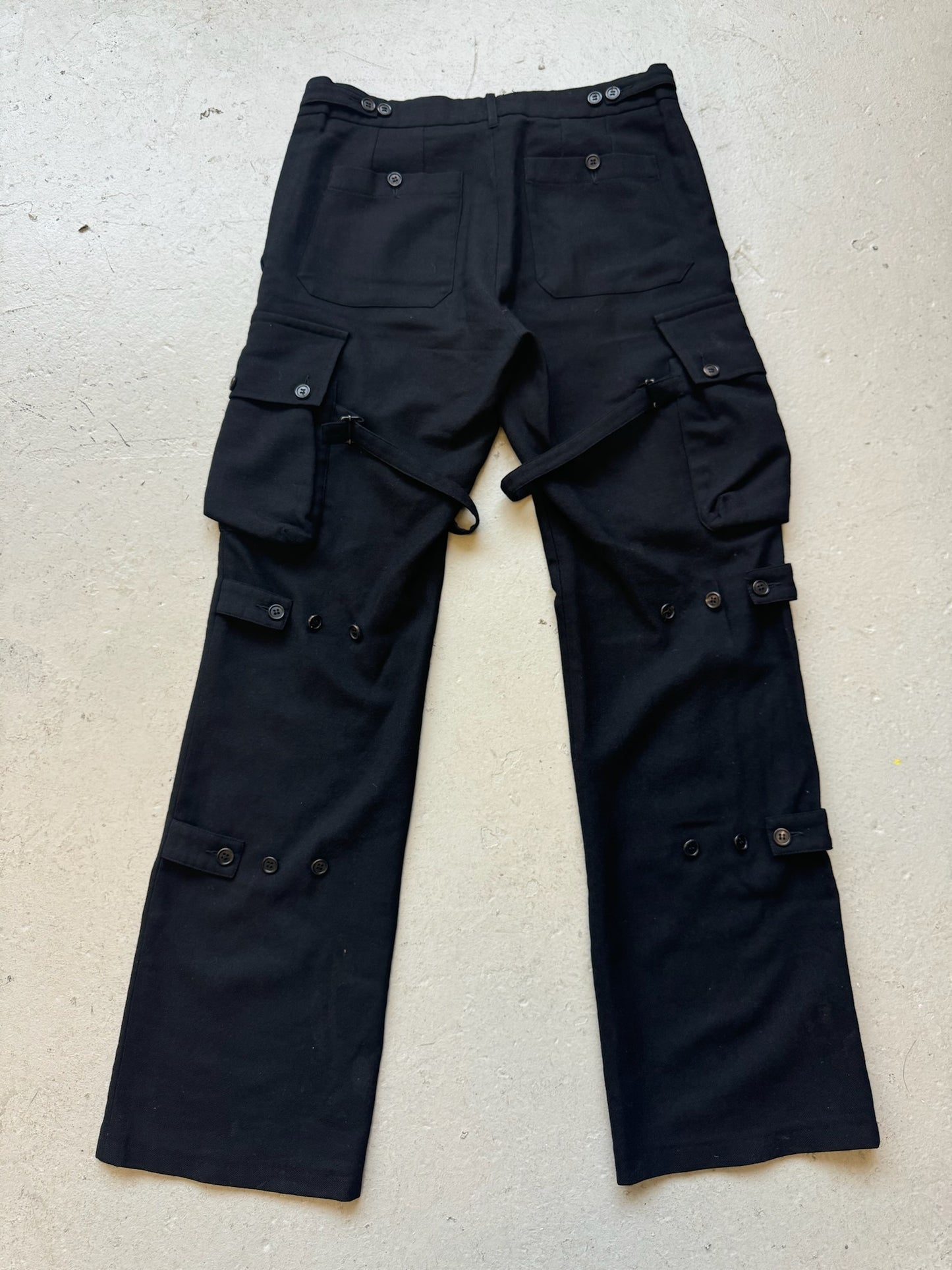 Ann Demeulemeester AW02 Black Wool Bondage Cargo Trousers (38)