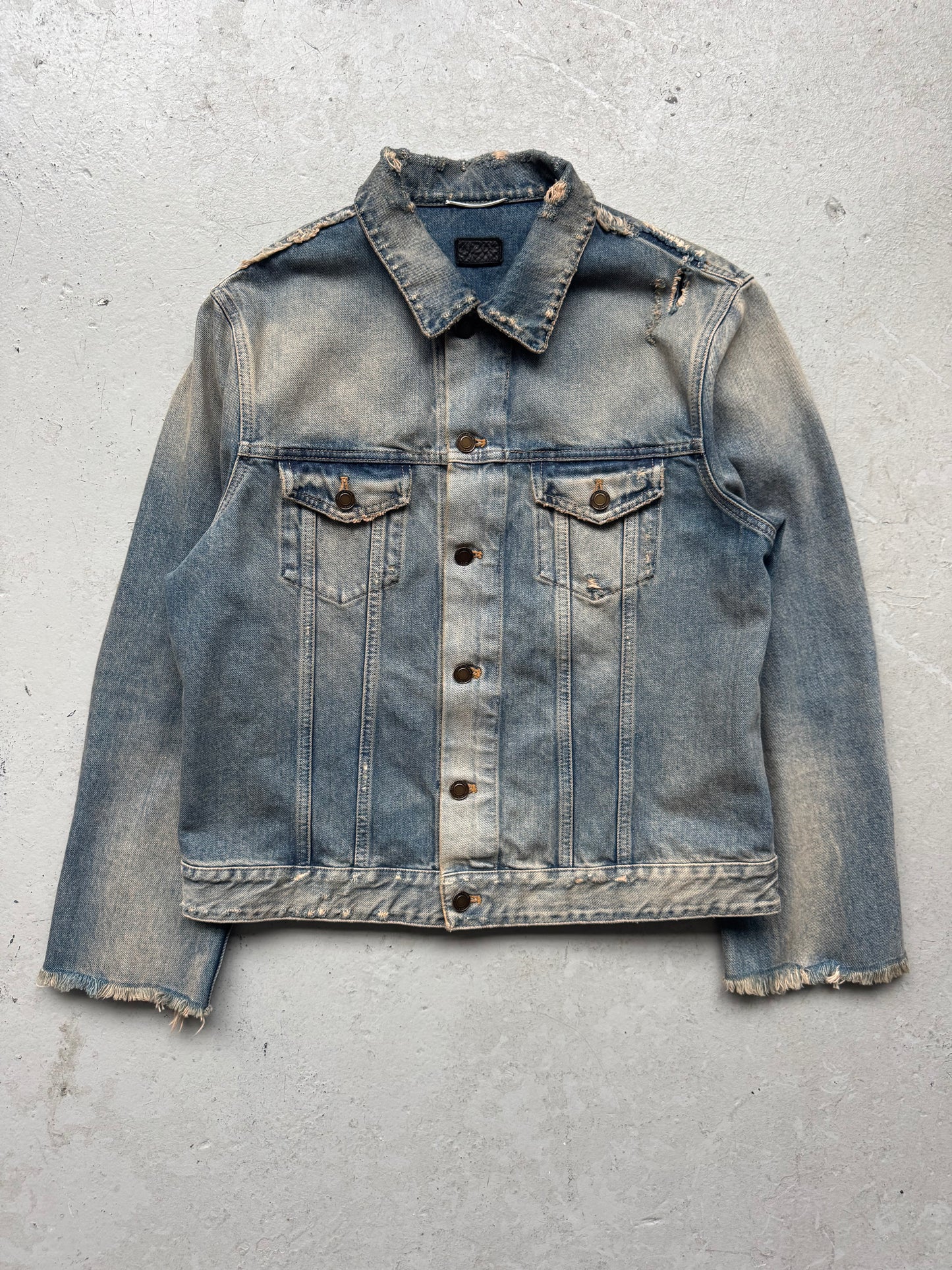 Saint Laurent Paris Light Wash Distressed Denim Jacket (XXL)