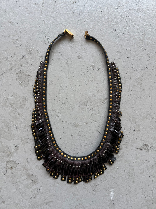 Prada Crystal & Leather Fringe Collar Necklace (OS)