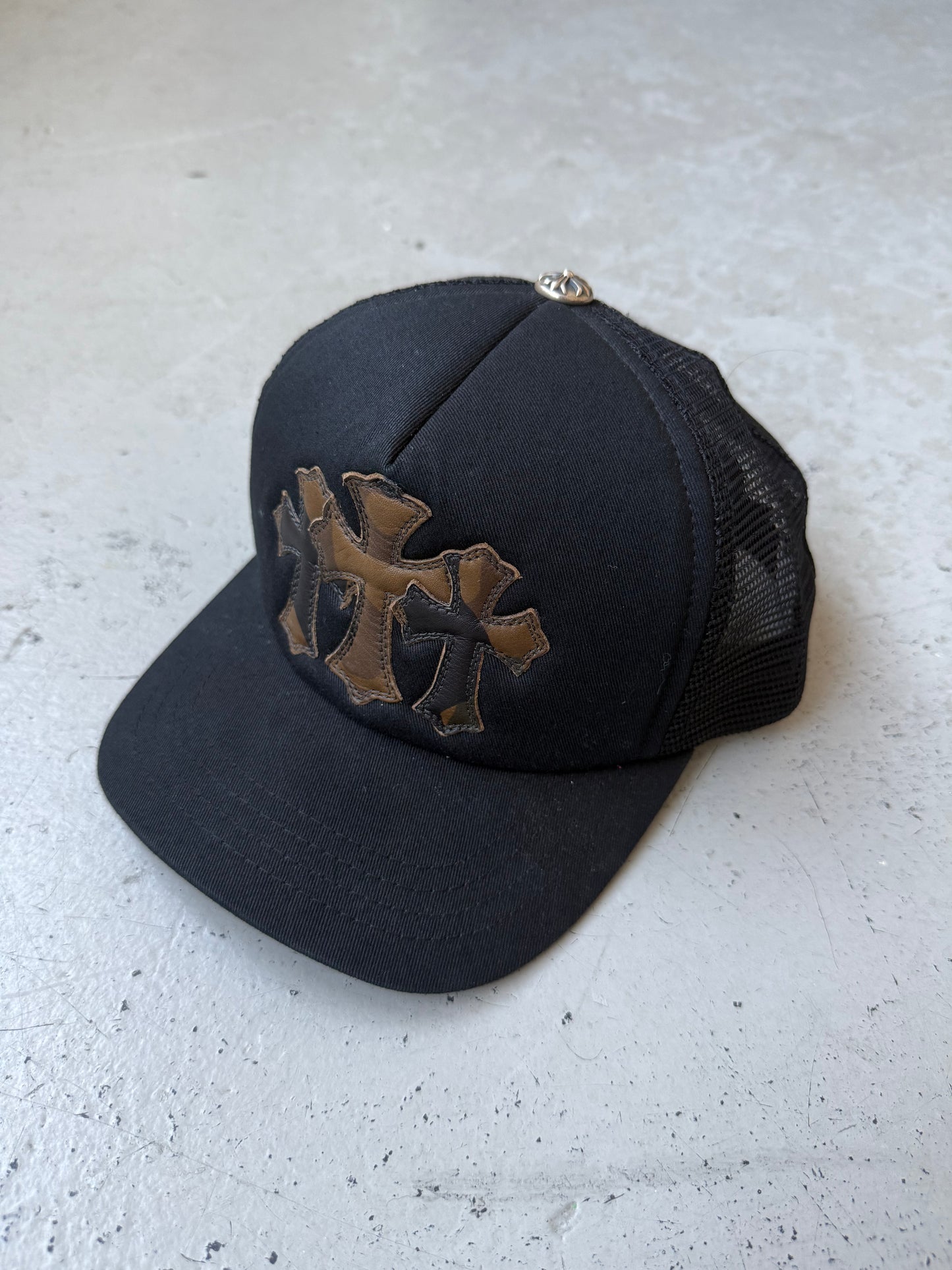 Chrome Hearts Camouflage Cemetery Cross Brown Leather Patch Trucker (OS)