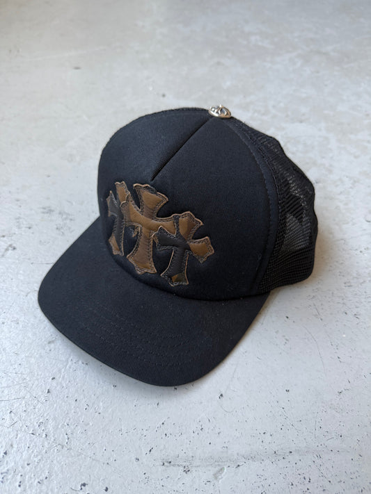 Chrome Hearts Camouflage Cemetery Cross Brown Leather Patch Trucker (OS)