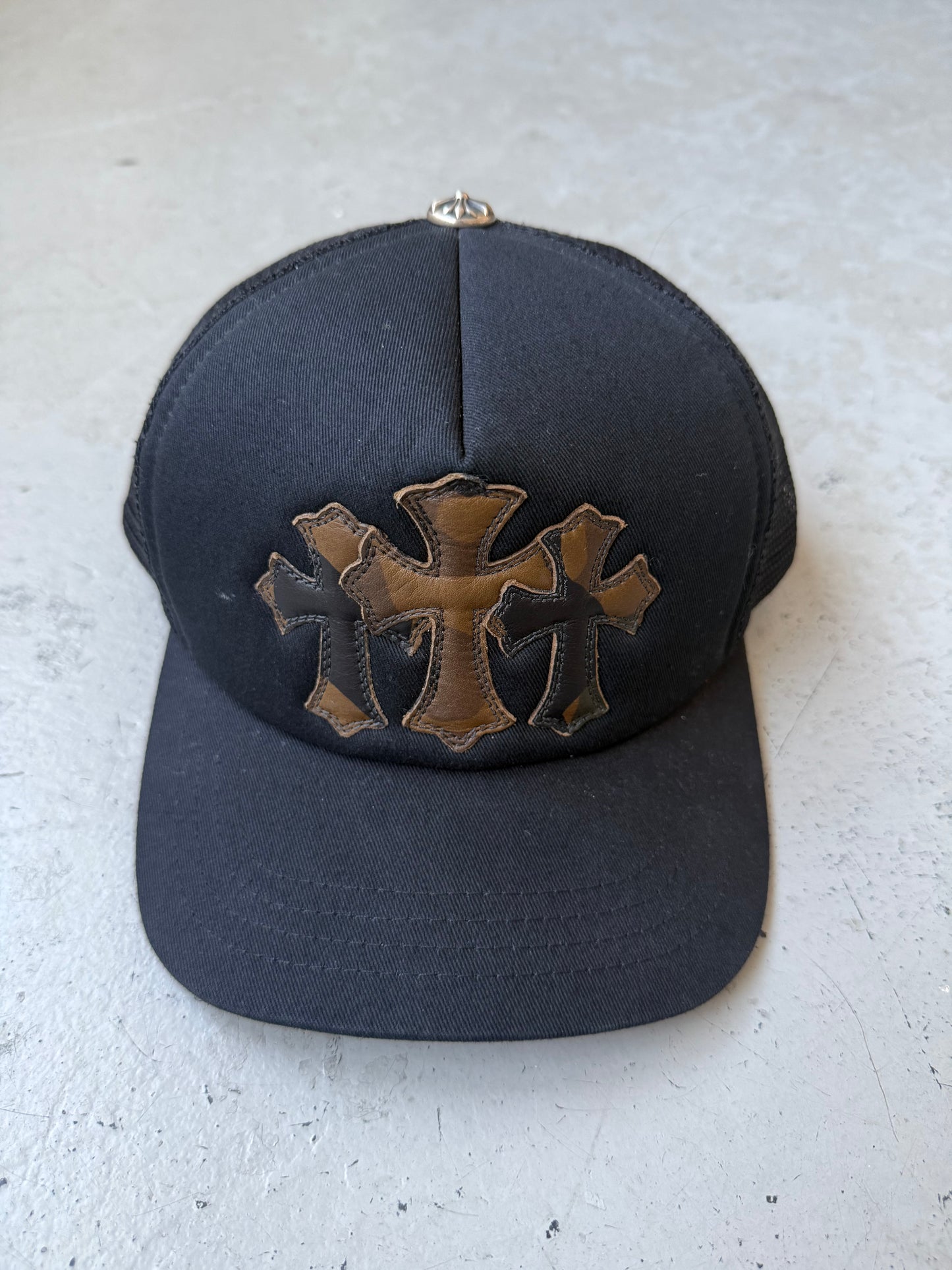 Chrome Hearts Camouflage Cemetery Cross Brown Leather Patch Trucker (OS)
