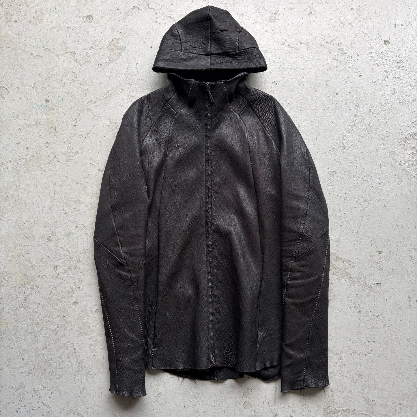 Masnada Overlock Stitch Hooded Black Lambskin Leather Jacket (52)