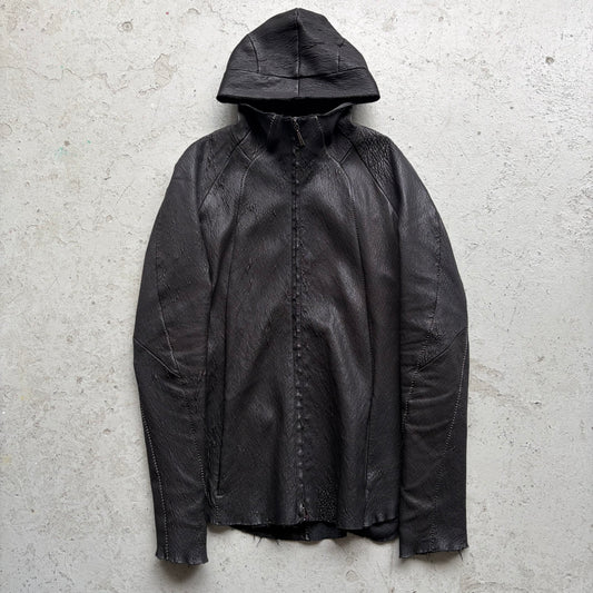 Masnada Overlock Stitch Hooded Black Lambskin Leather Jacket (52)