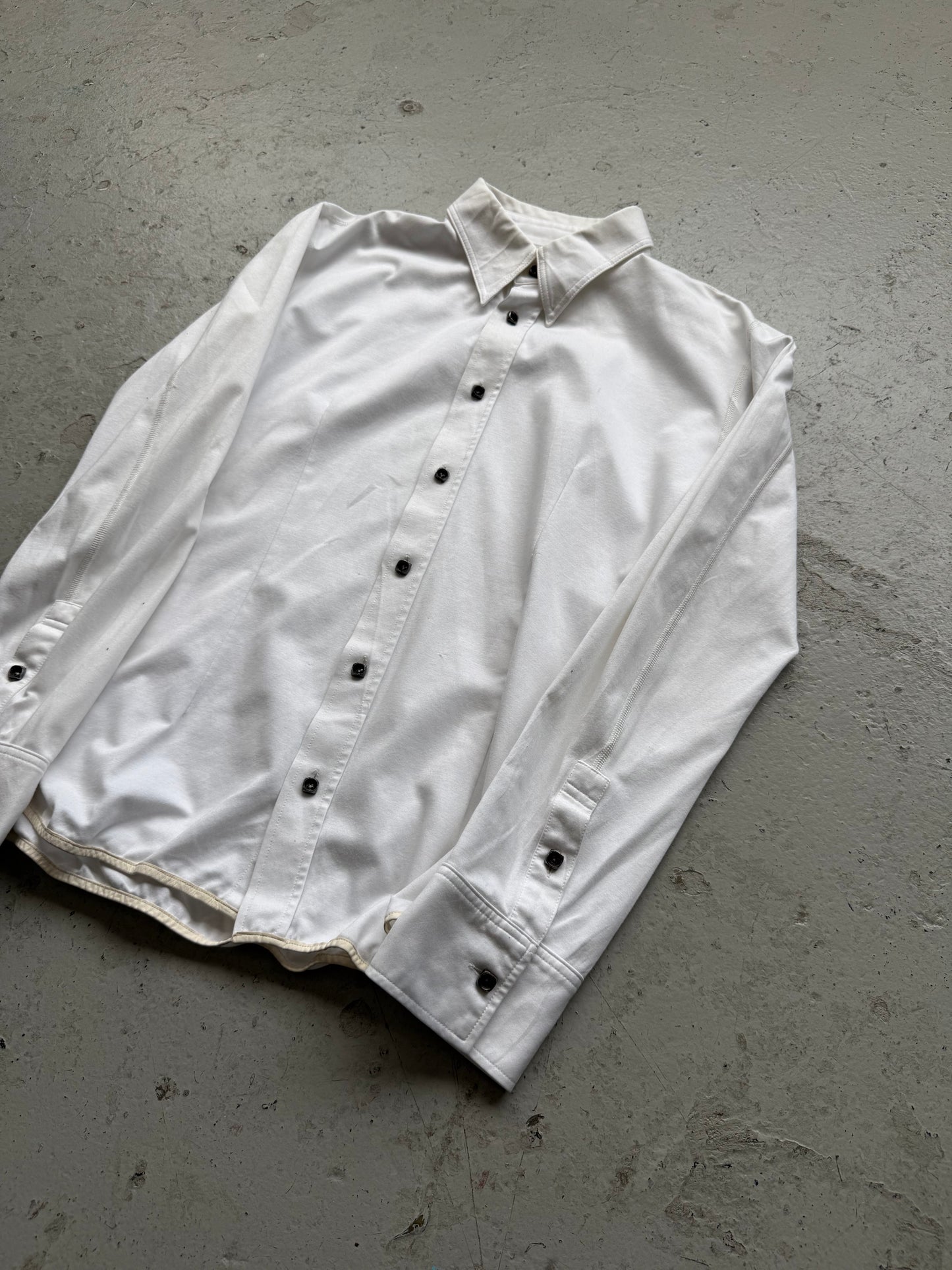 Isamu Katayama Backlash Leather Trim White Button Up Shirt (M)