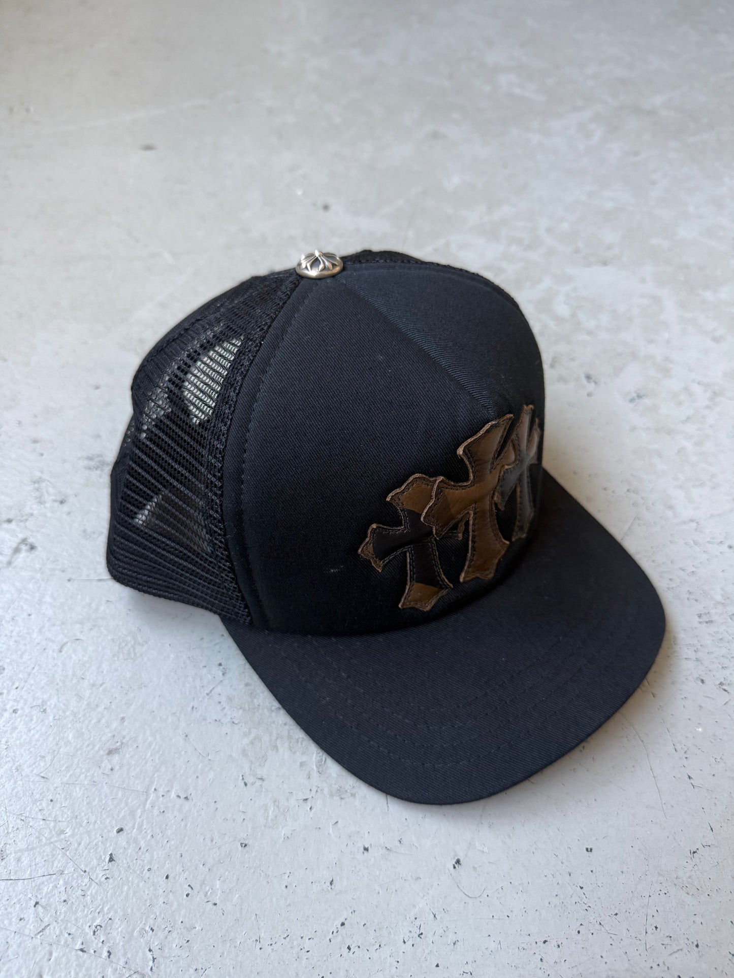 Chrome Hearts Camouflage Cemetery Cross Brown Leather Patch Trucker (OS)