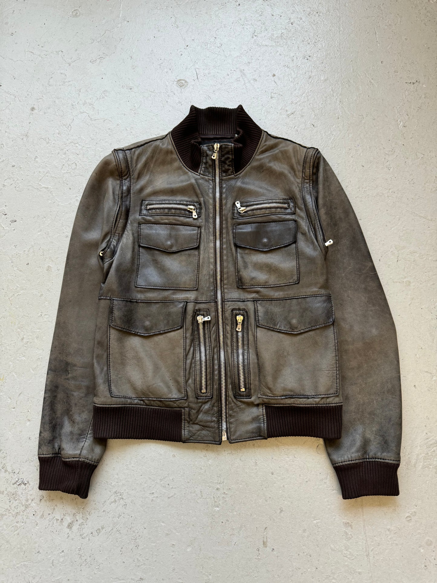 Dolce & Gabbana Multi Zip Lamb Skin Leather Faded Jacket (54)