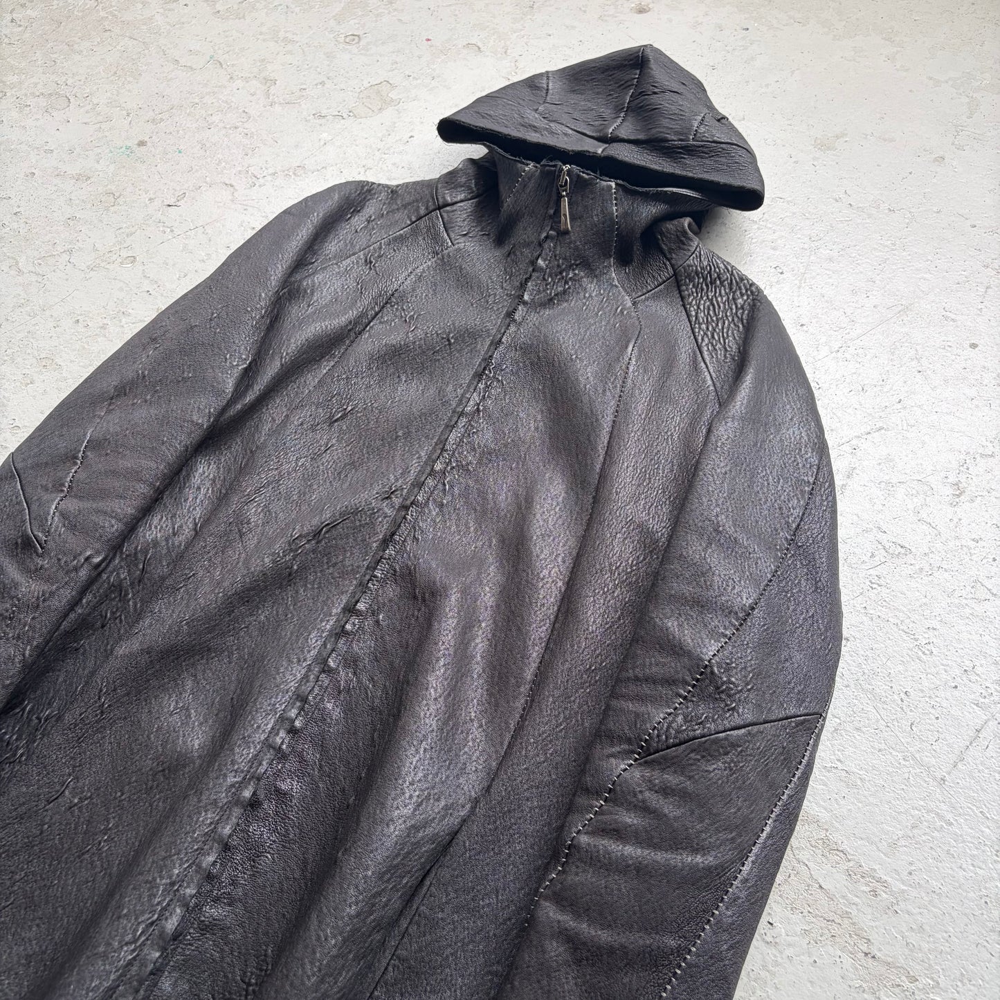 Masnada Overlock Stitch Hooded Black Lambskin Leather Jacket (52)