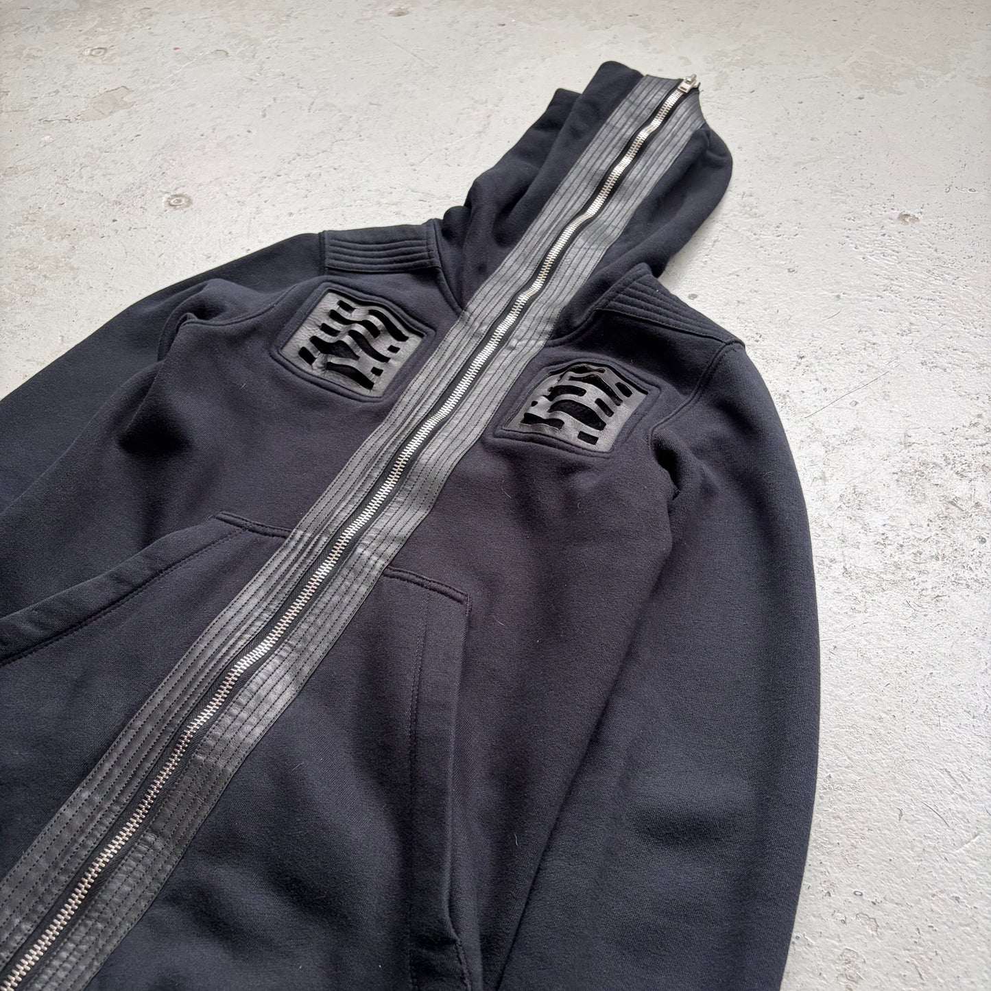 Rick Owens SS14 VICIOUS Leather Trim Black Gimp Hoodie (XS)