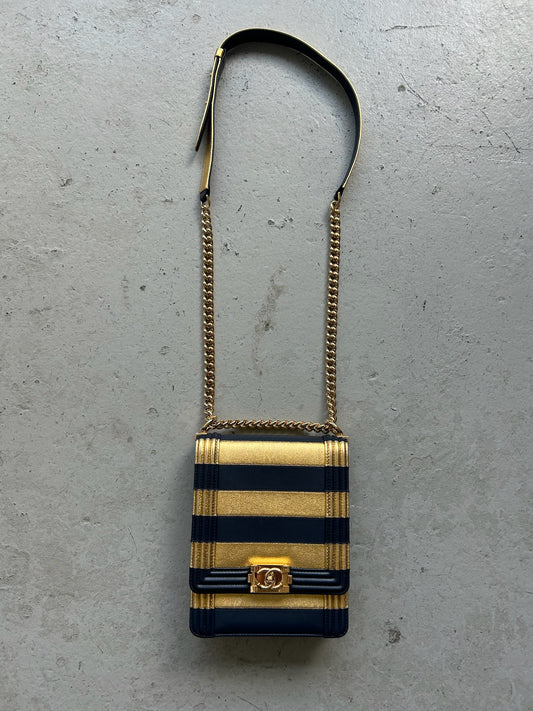 Chanel Metallic Lambskin Striped North South Boy Flap Cross Body Bag (OS)