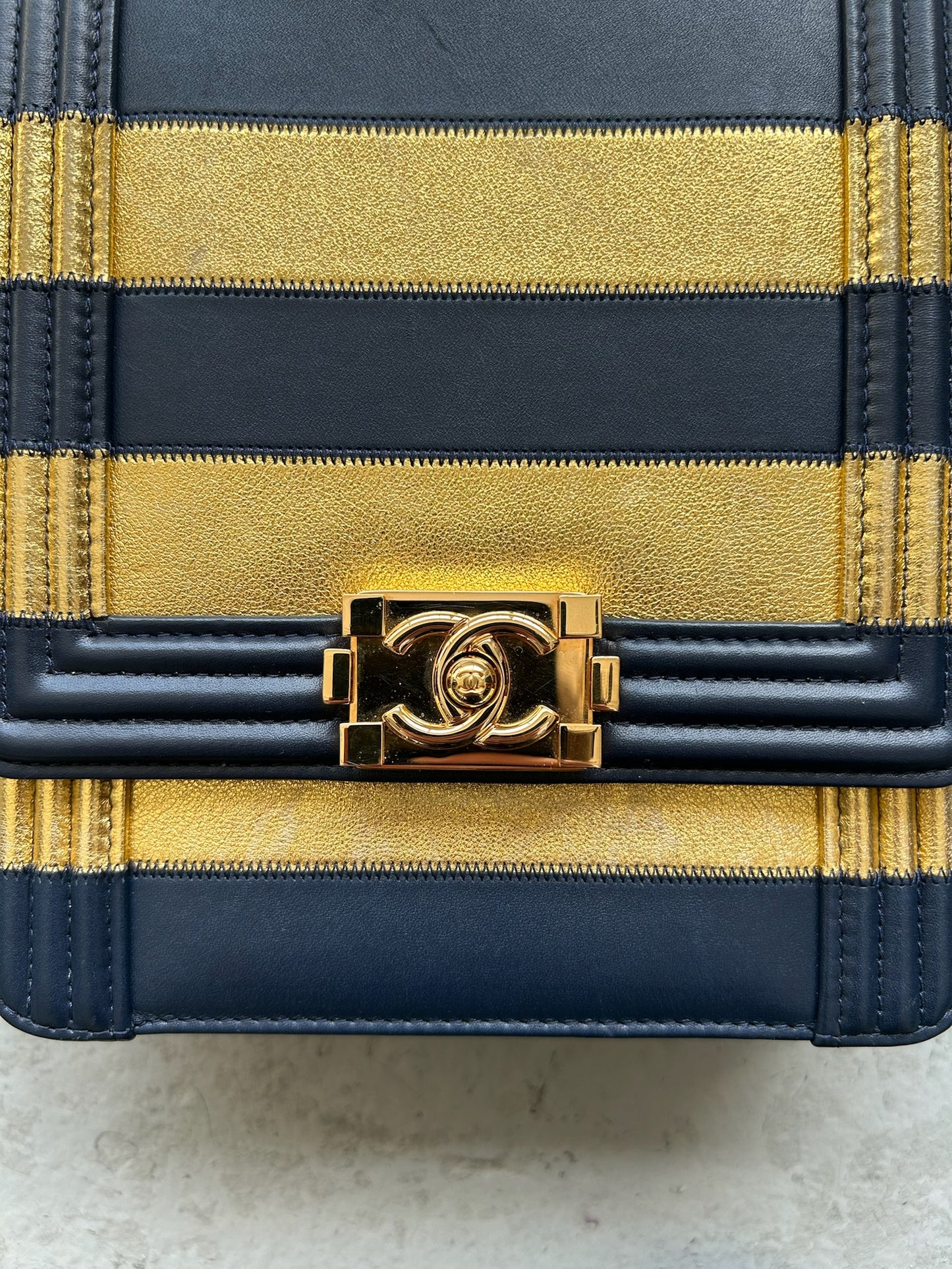 Chanel Metallic Lambskin Striped North South Boy Flap Cross Body Bag (OS)