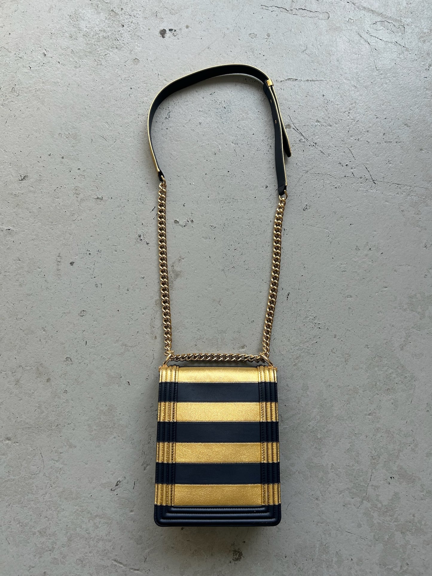 Chanel Metallic Lambskin Striped North South Boy Flap Cross Body Bag (OS)