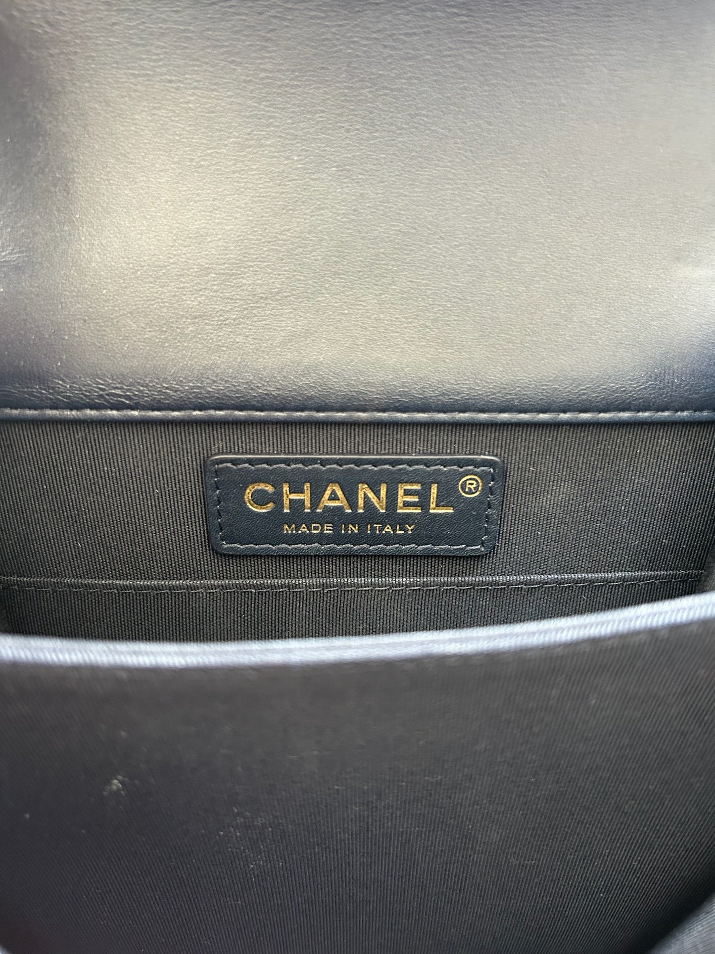 Chanel Metallic Lambskin Striped North South Boy Flap Cross Body Bag (OS)