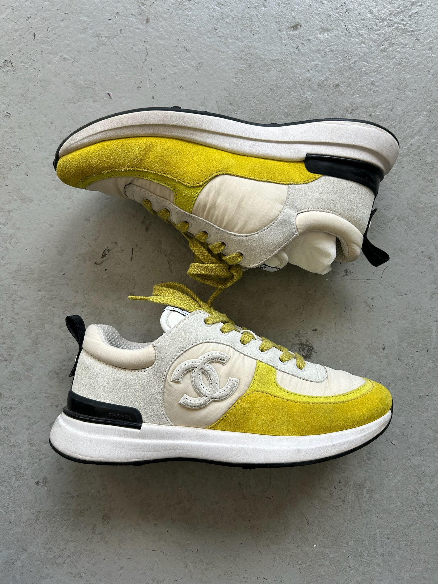 Chanel Suede Calfskin Ivory Light Grey & Yellow Runners (36.5)