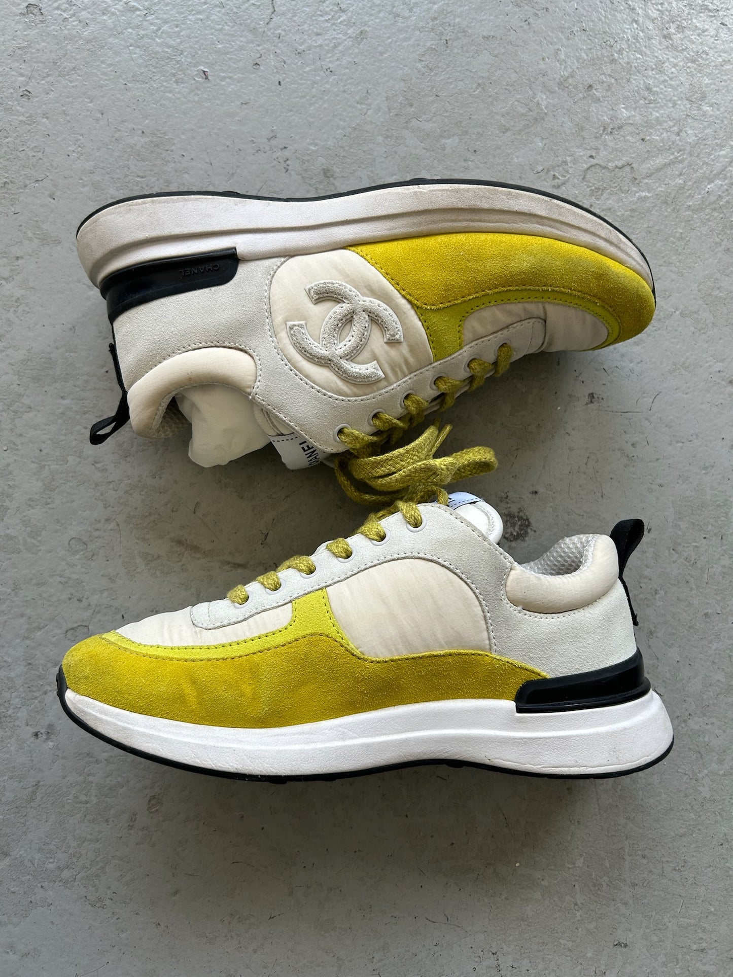 Chanel Suede Calfskin Ivory Light Grey & Yellow Runners (36.5)