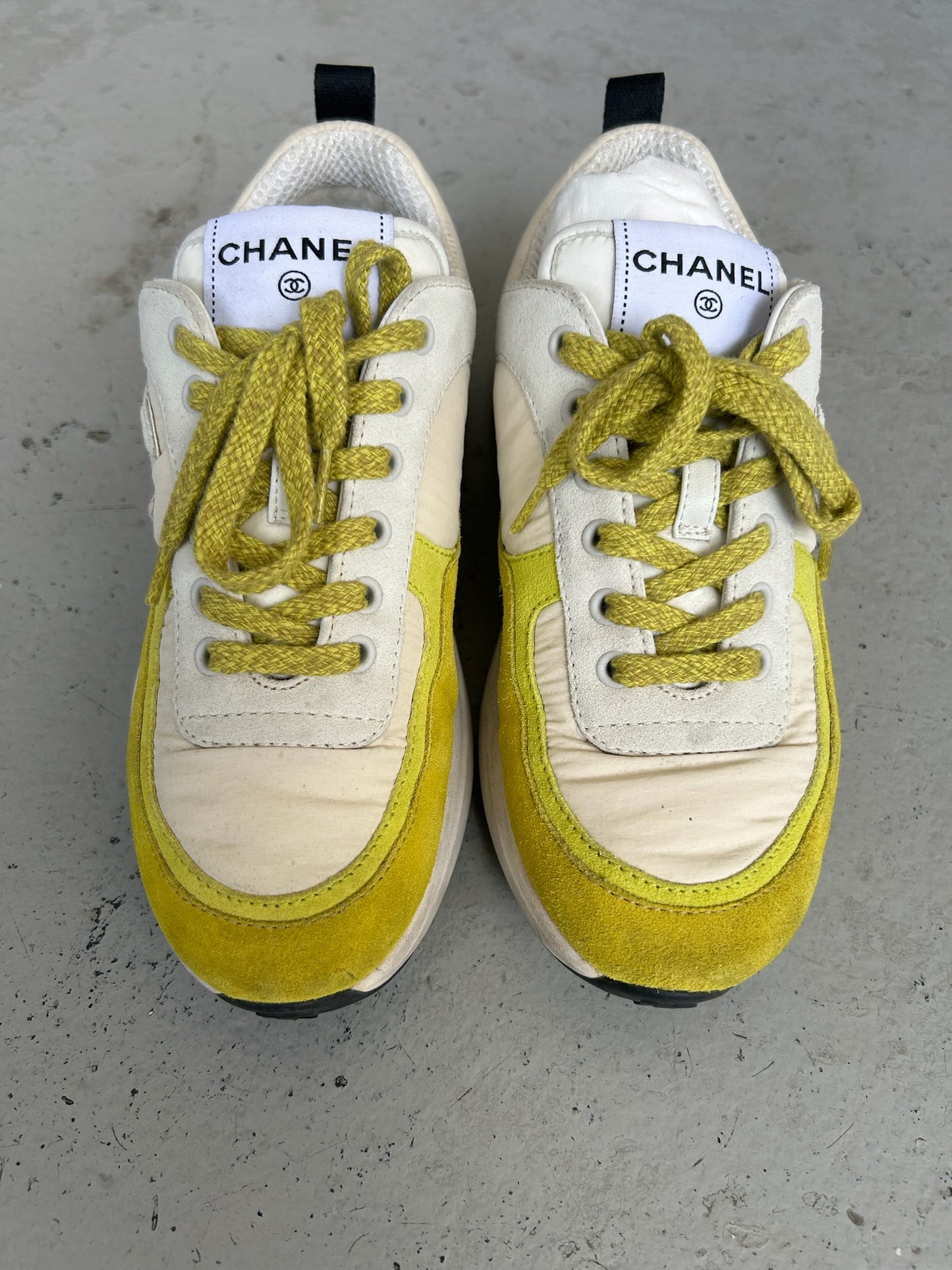 Chanel Suede Calfskin Ivory Light Grey & Yellow Runners (36.5)
