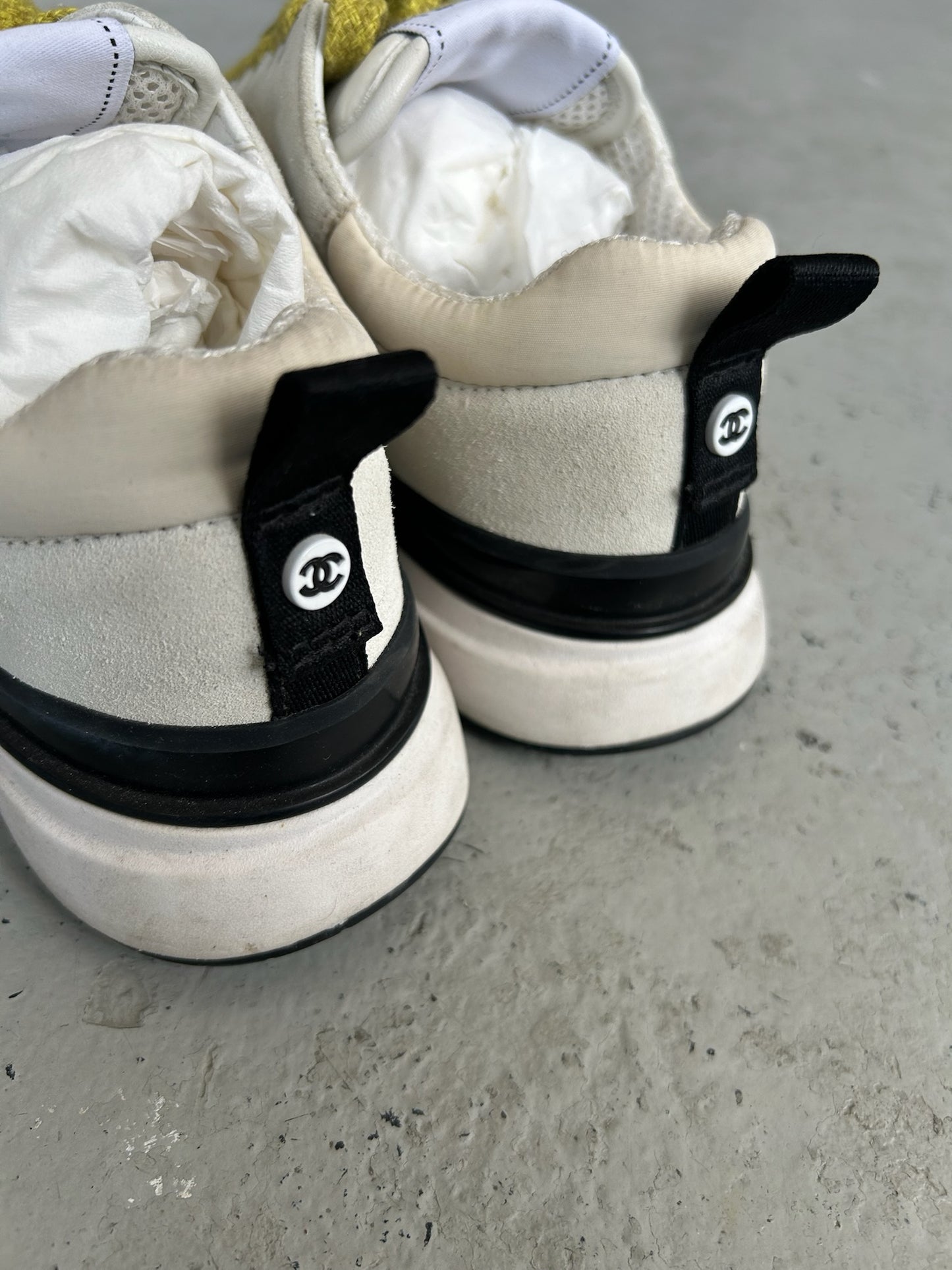Chanel Suede Calfskin Ivory Light Grey & Yellow Runners (36.5)