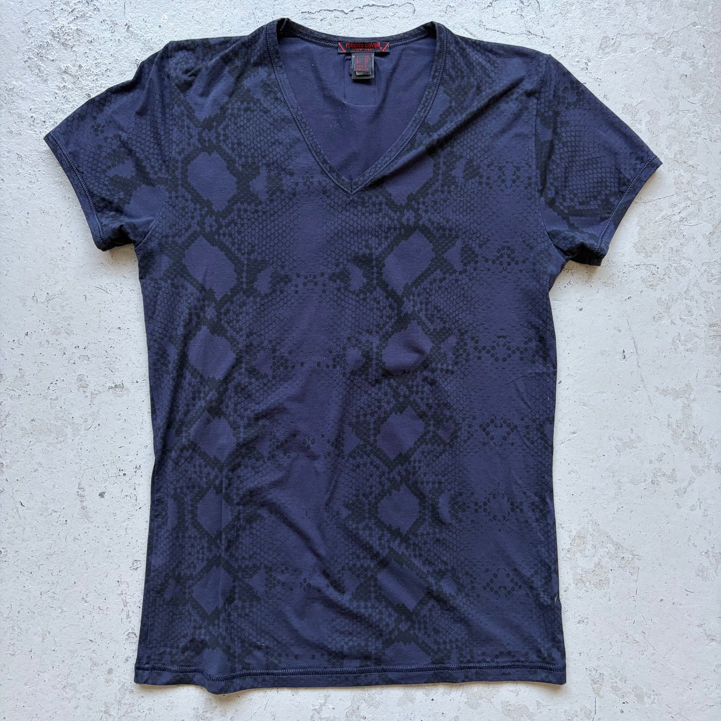 Roberto Cavalli Navy Snakeskin Print Short Sleeve Shirt (S)