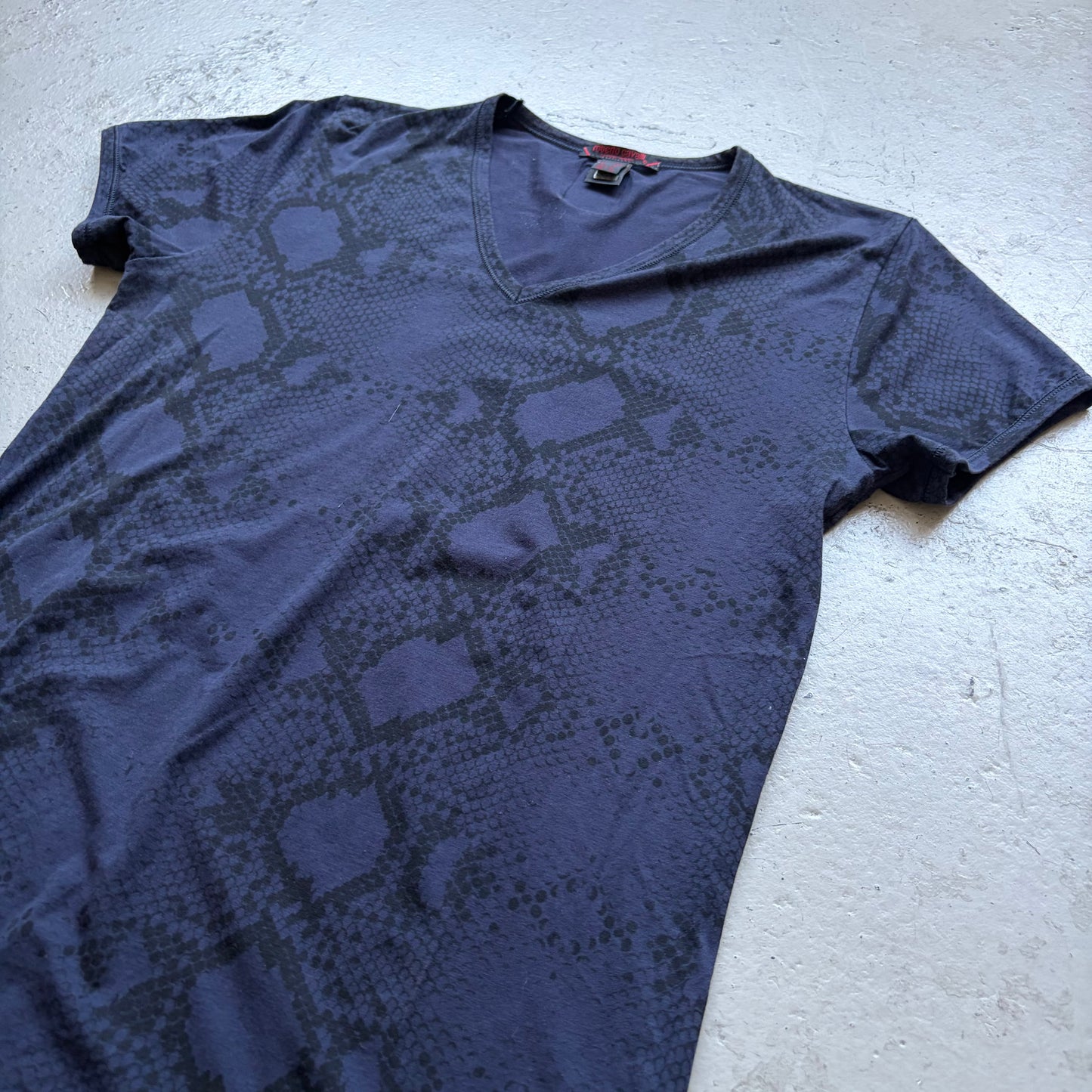 Roberto Cavalli Navy Snakeskin Print Short Sleeve Shirt (S)