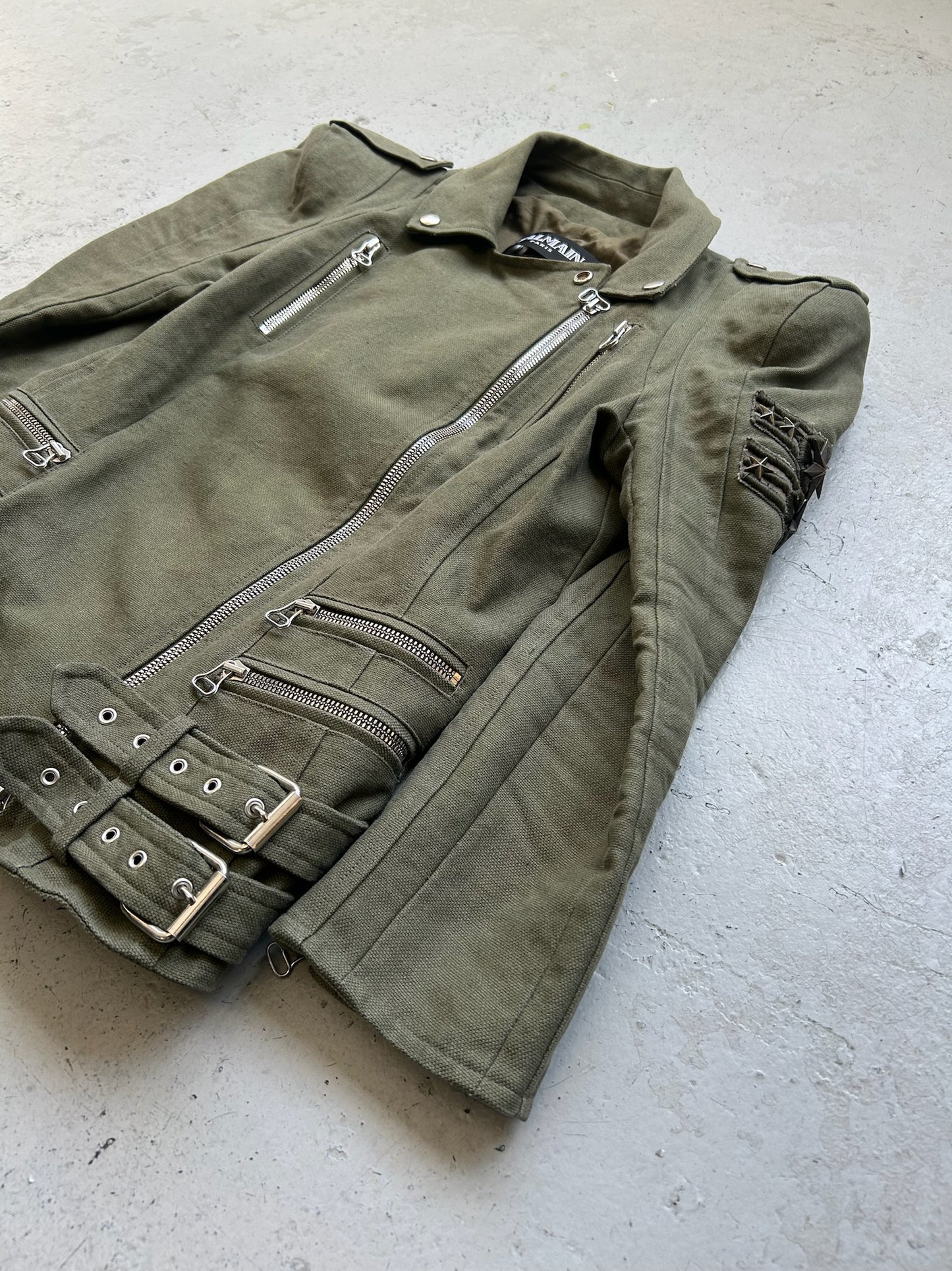 Balmain by Christophe Decarnin Studded Patch Military Biker Jacket (42)