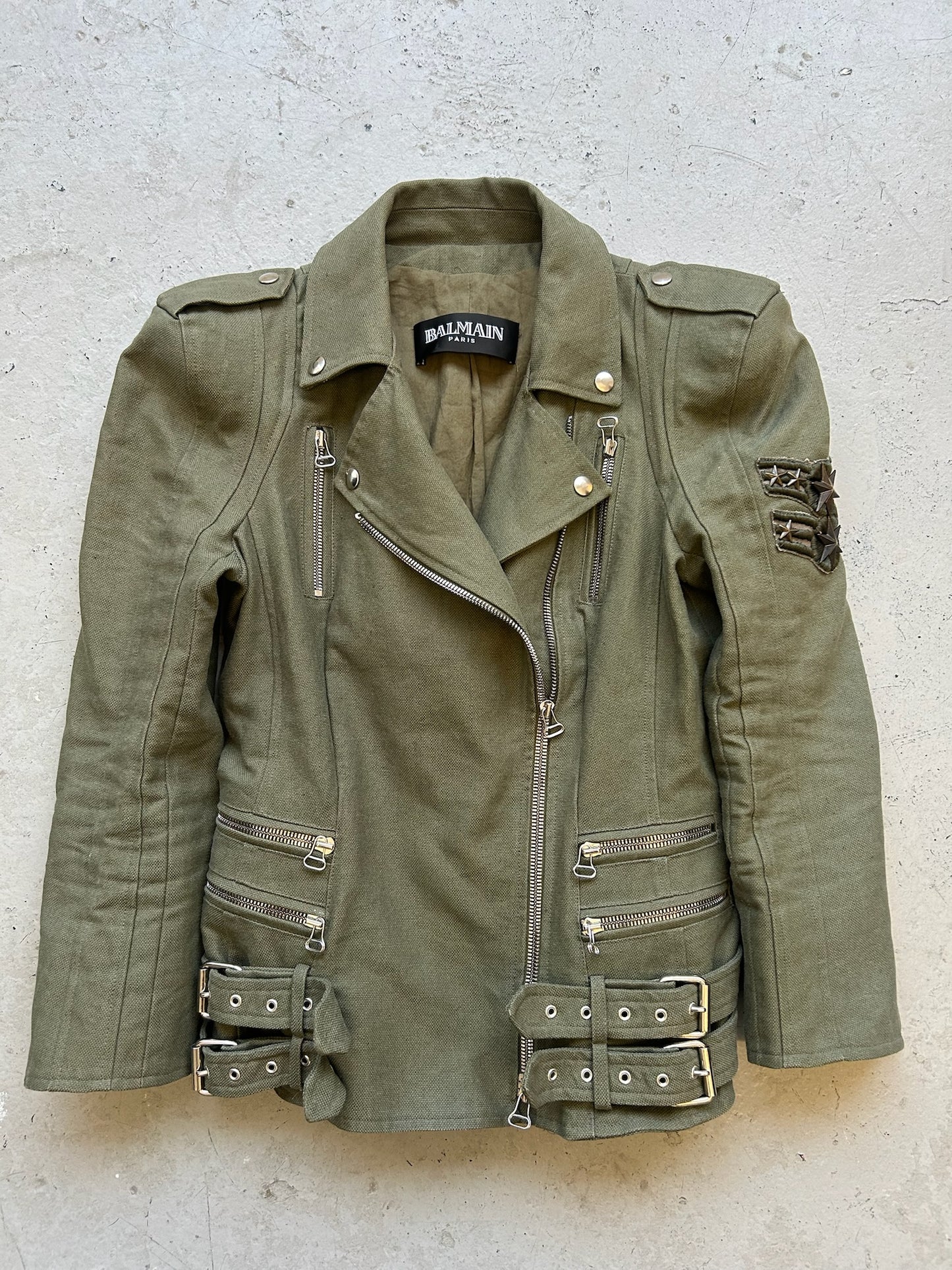 Balmain by Christophe Decarnin Studded Patch Military Biker Jacket (42)