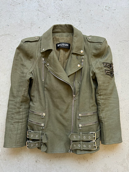 Balmain by Christophe Decarnin Studded Patch Military Biker Jacket (42)