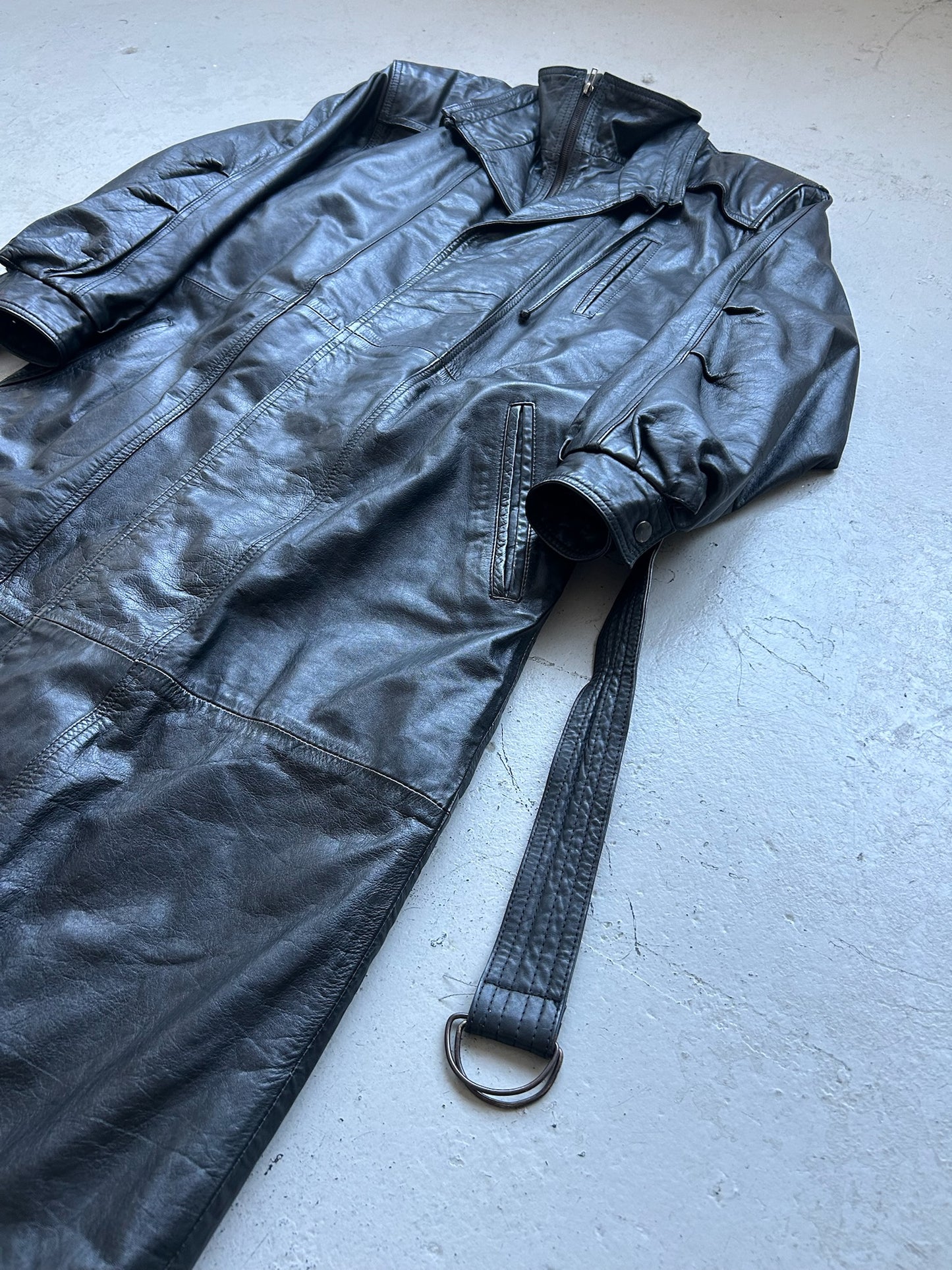 Vintage Black Leather Trench Coat (S)