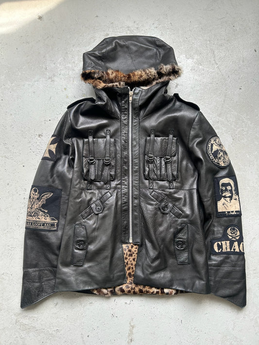 Diamond Dogs Fur Lined Hooded Leather Jacket (L)