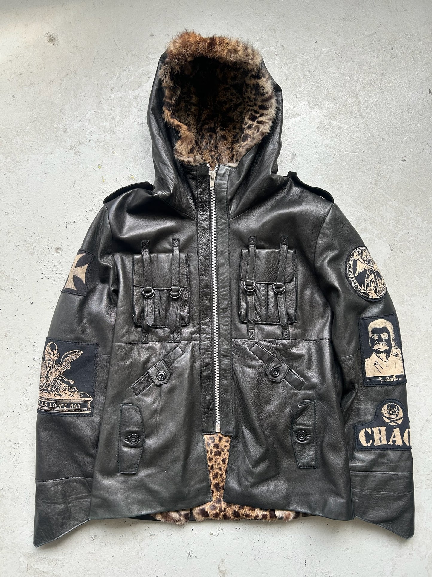 Diamond Dogs Fur Lined Hooded Leather Jacket (L)