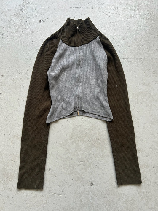 Vintage Cotton Ribbed Grey and Olive Cropped Zip Up (M)