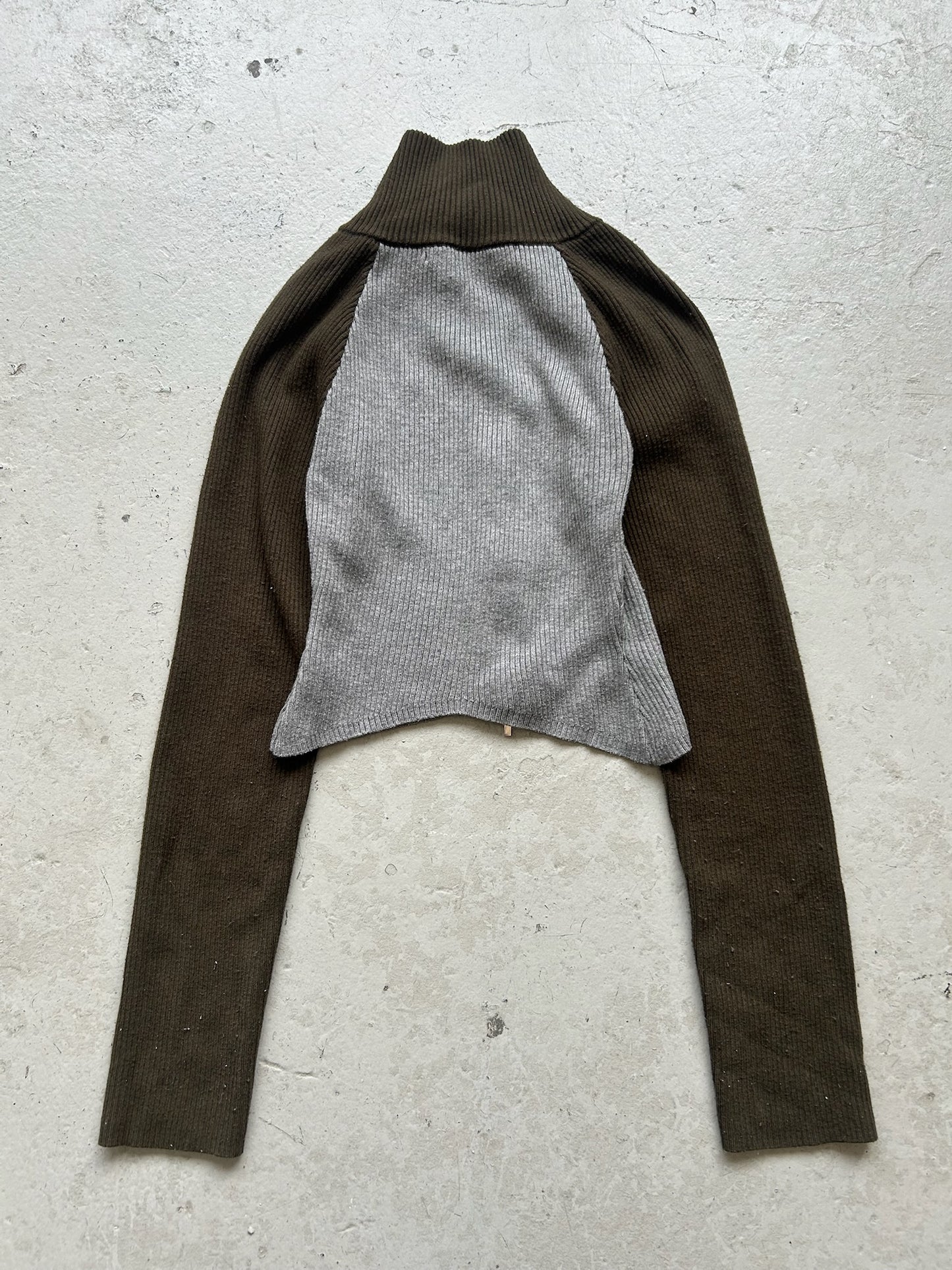 Vintage Cotton Ribbed Grey and Olive Cropped Zip Up (M)