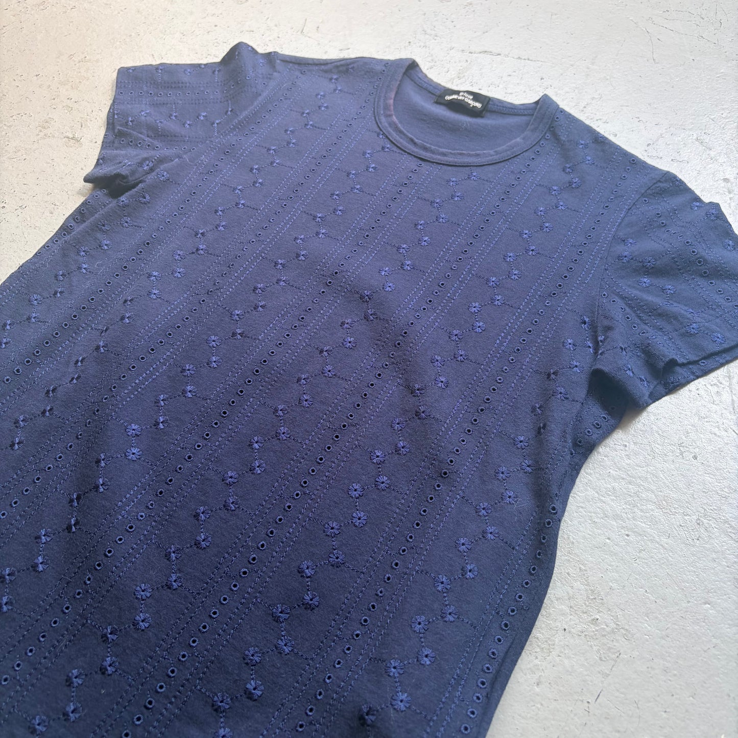Comme Des Garcons Tricot AD2007 Navy Embroidered Short Sleeve Shirt (M)