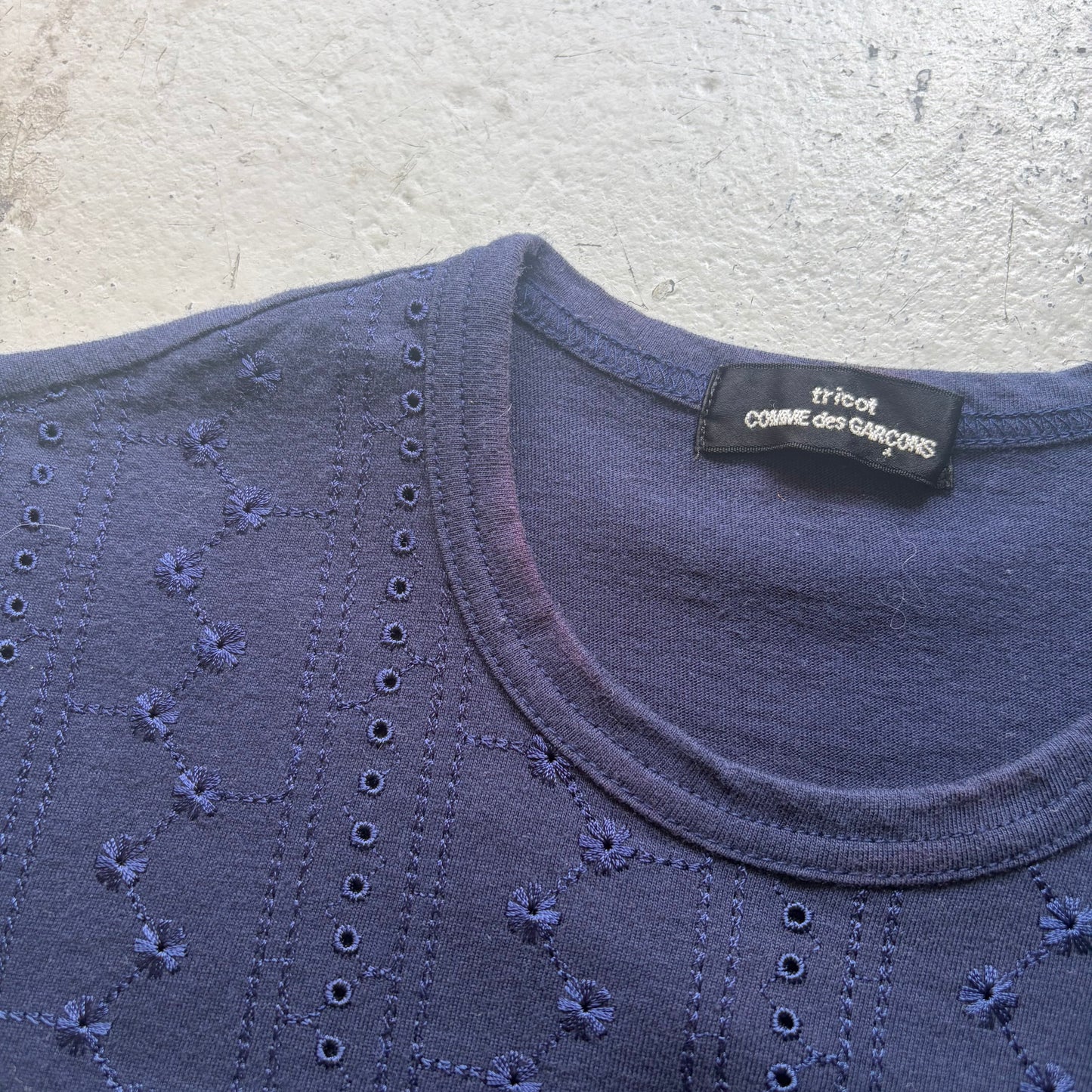 Comme Des Garcons Tricot AD2007 Navy Embroidered Short Sleeve Shirt (M)