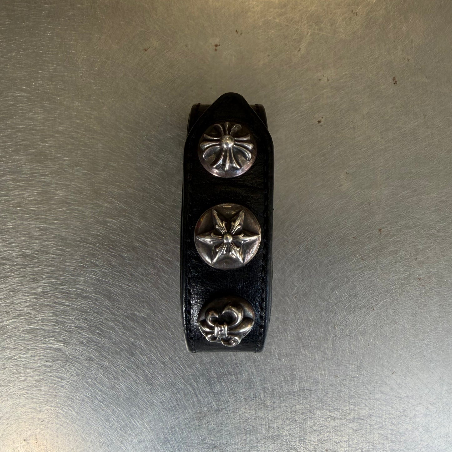 Chrome Hearts Black Leather Strap Silver Fleur Snap Bracelet (OS)