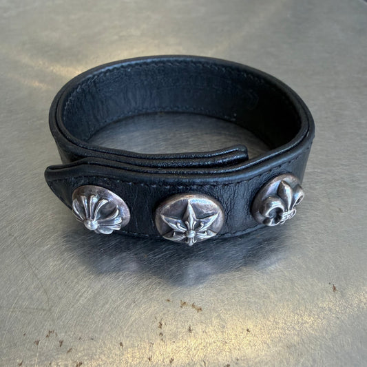 Chrome Hearts Black Leather Strap Silver Fleur Snap Bracelet (OS)