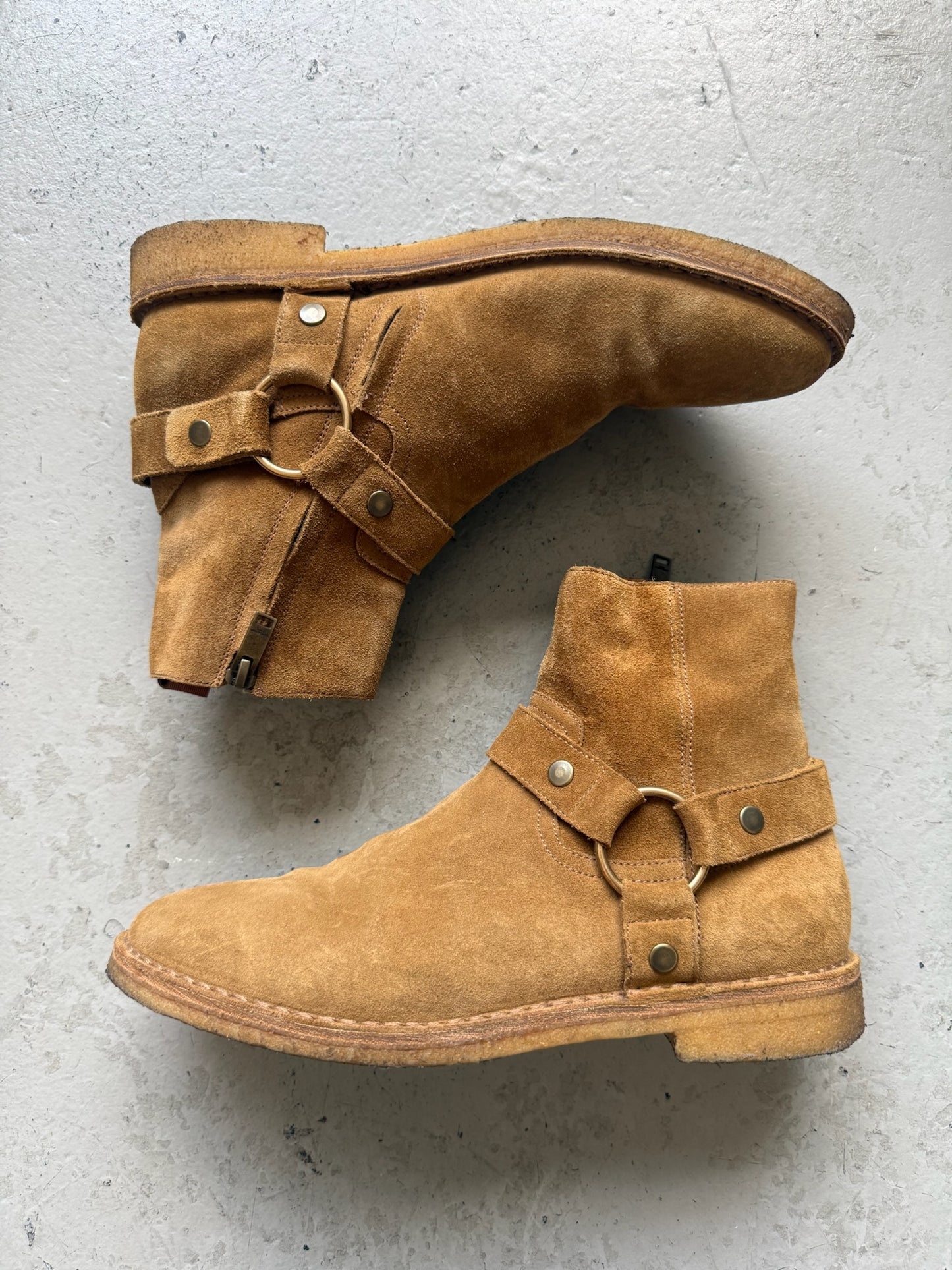 Saint Laurent Paris Nevada Harness Suede Tan Boots (41.5)
