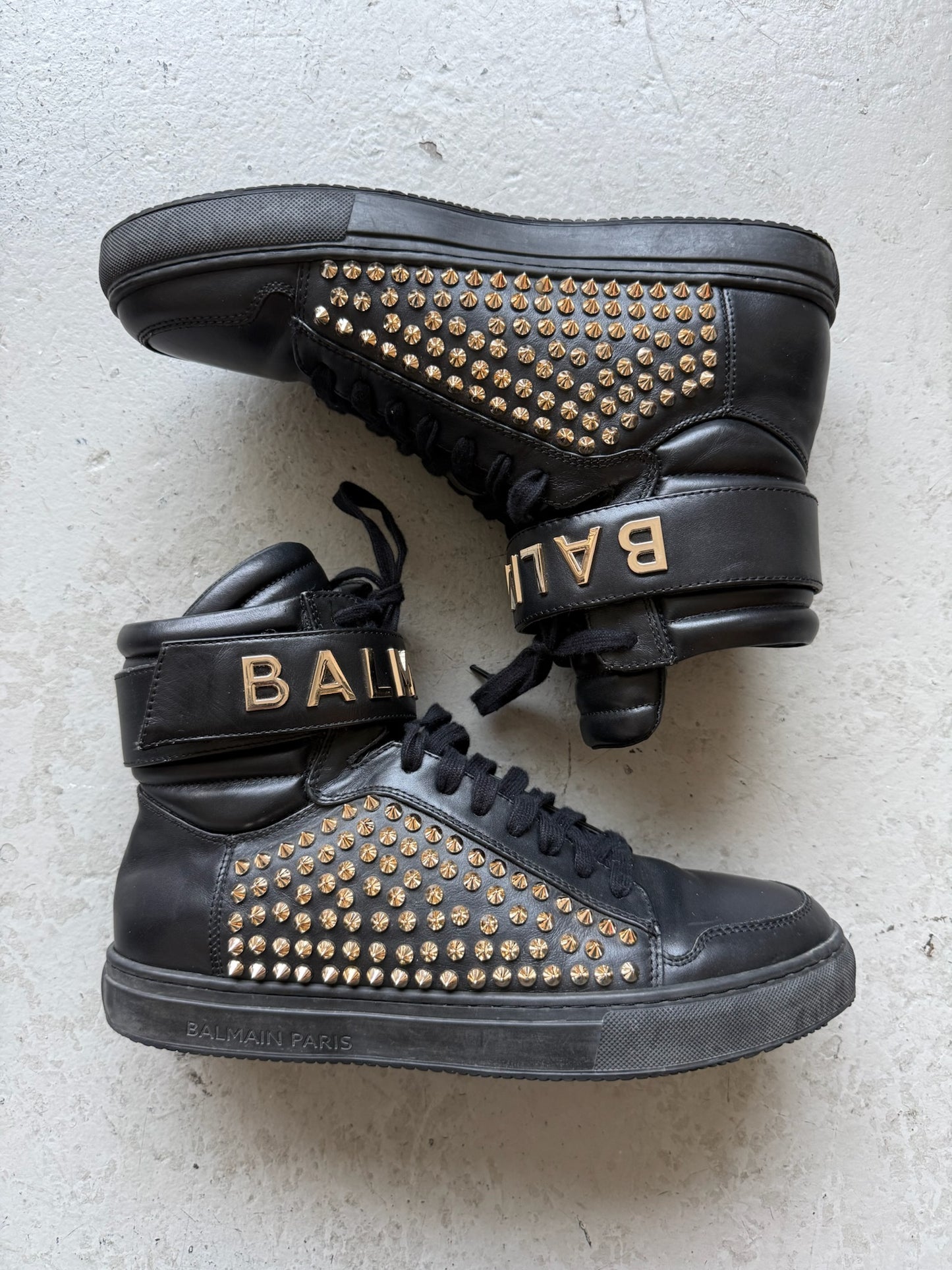 Balmain High Top Gold Studded Leather Sneakers (40)