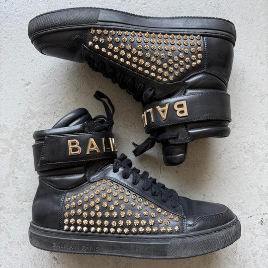 Balmain High Top Gold Studded Leather Sneakers (40)