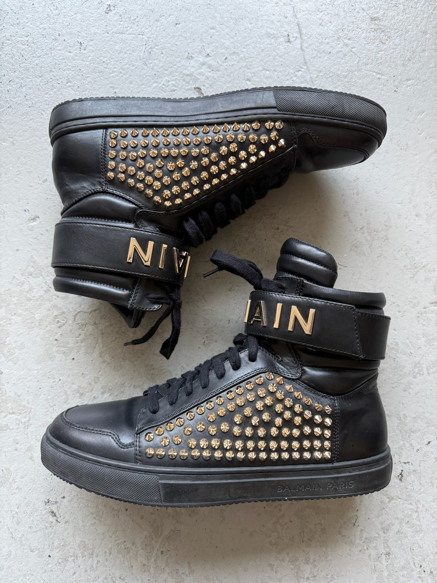 Balmain High Top Gold Studded Leather Sneakers (40)