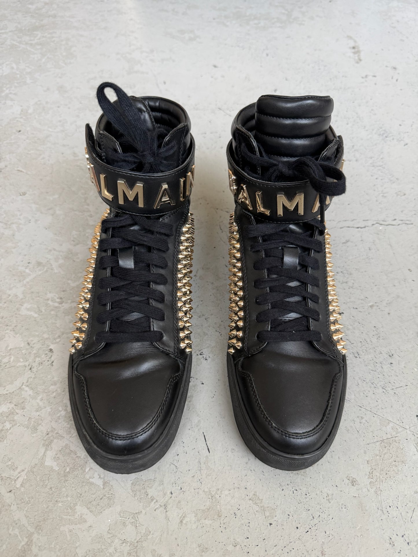 Balmain High Top Gold Studded Leather Sneakers (40)