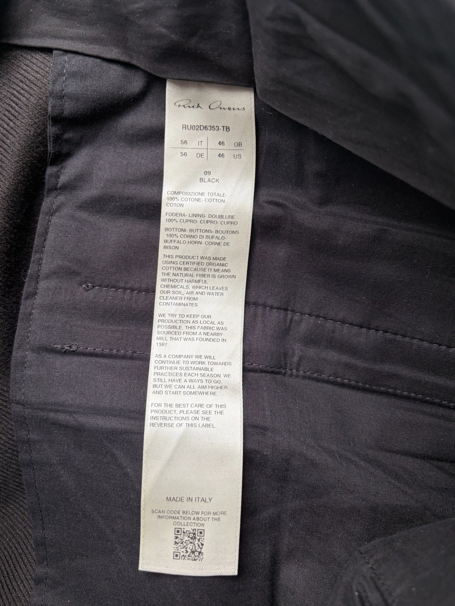 Rick Owens FW24 Porterville Black 100% Cotton Bela Trousers (56)