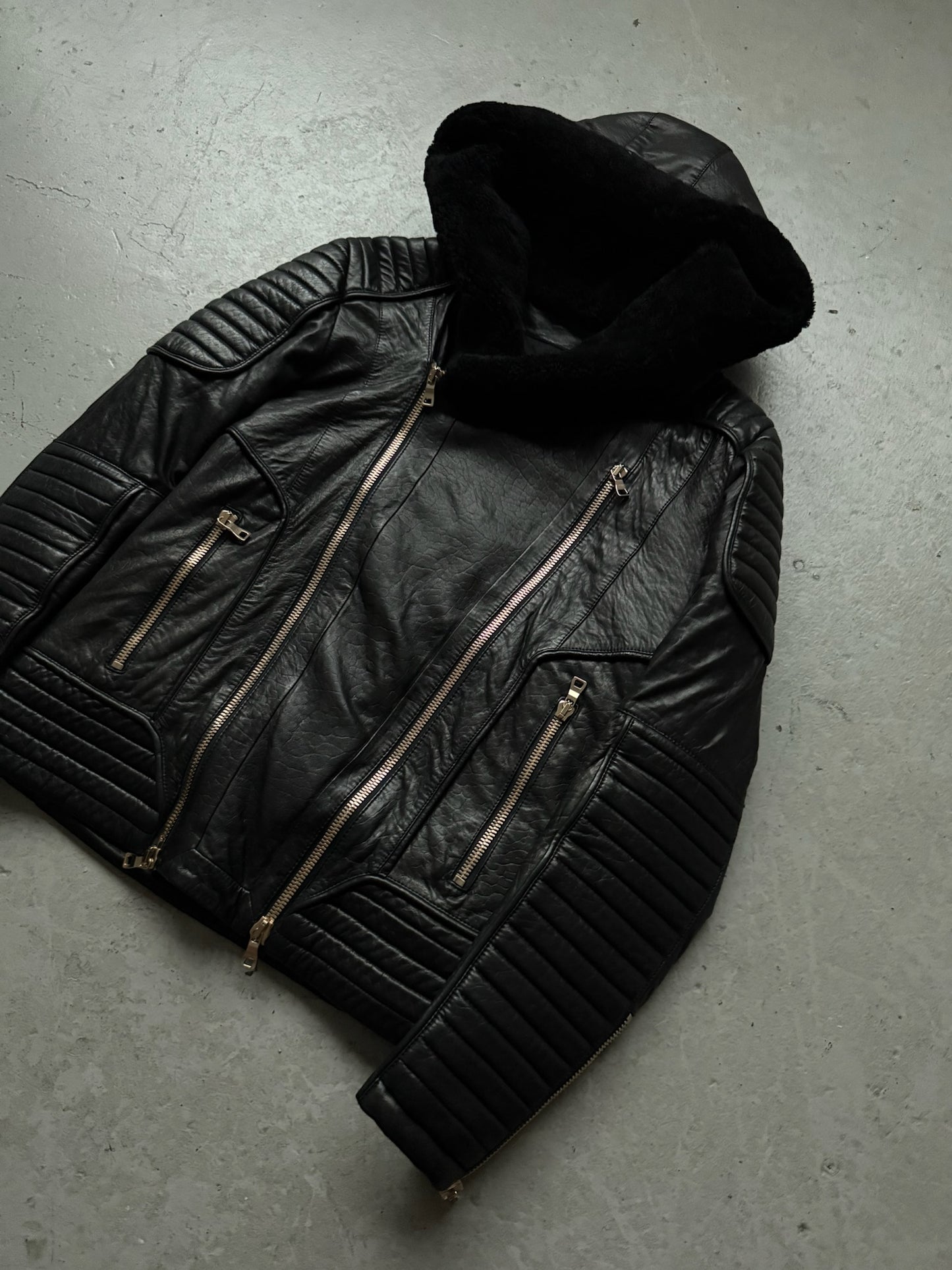 Balmain FW17 Lamb Leather Shearling Lined Black Jacket (52)