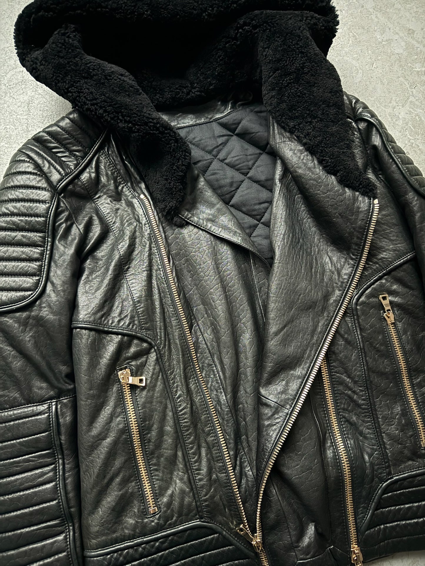Balmain FW17 Lamb Leather Shearling Lined Black Jacket (52)