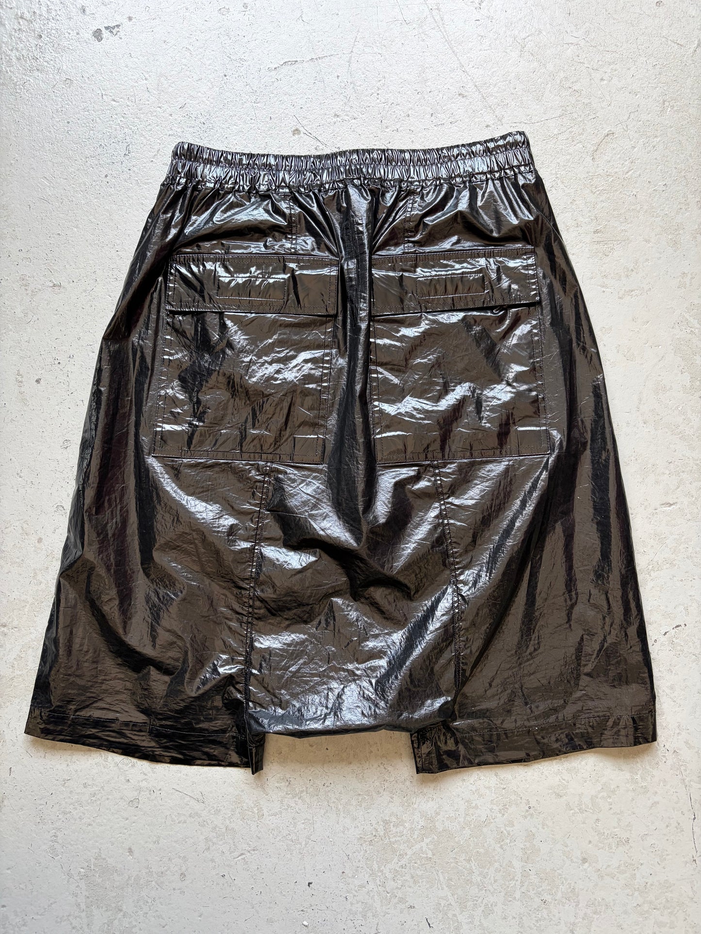 Rick Owens DRKSHDW SS18 Black Crinkled Waxed Pod Shorts (M)