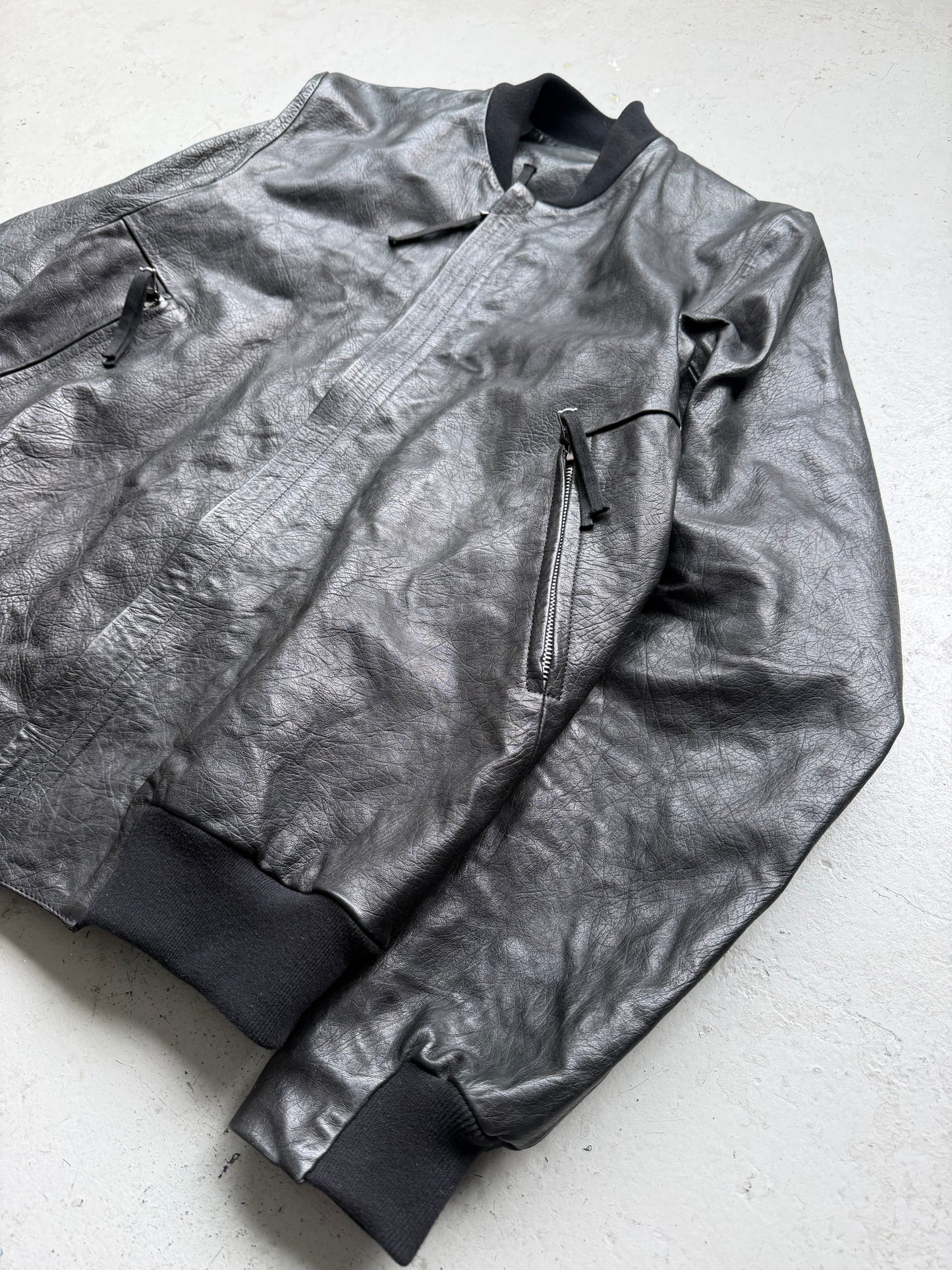Boris Bidjan Saberi J3 Oil Washed Black Leather Jacket (M)
